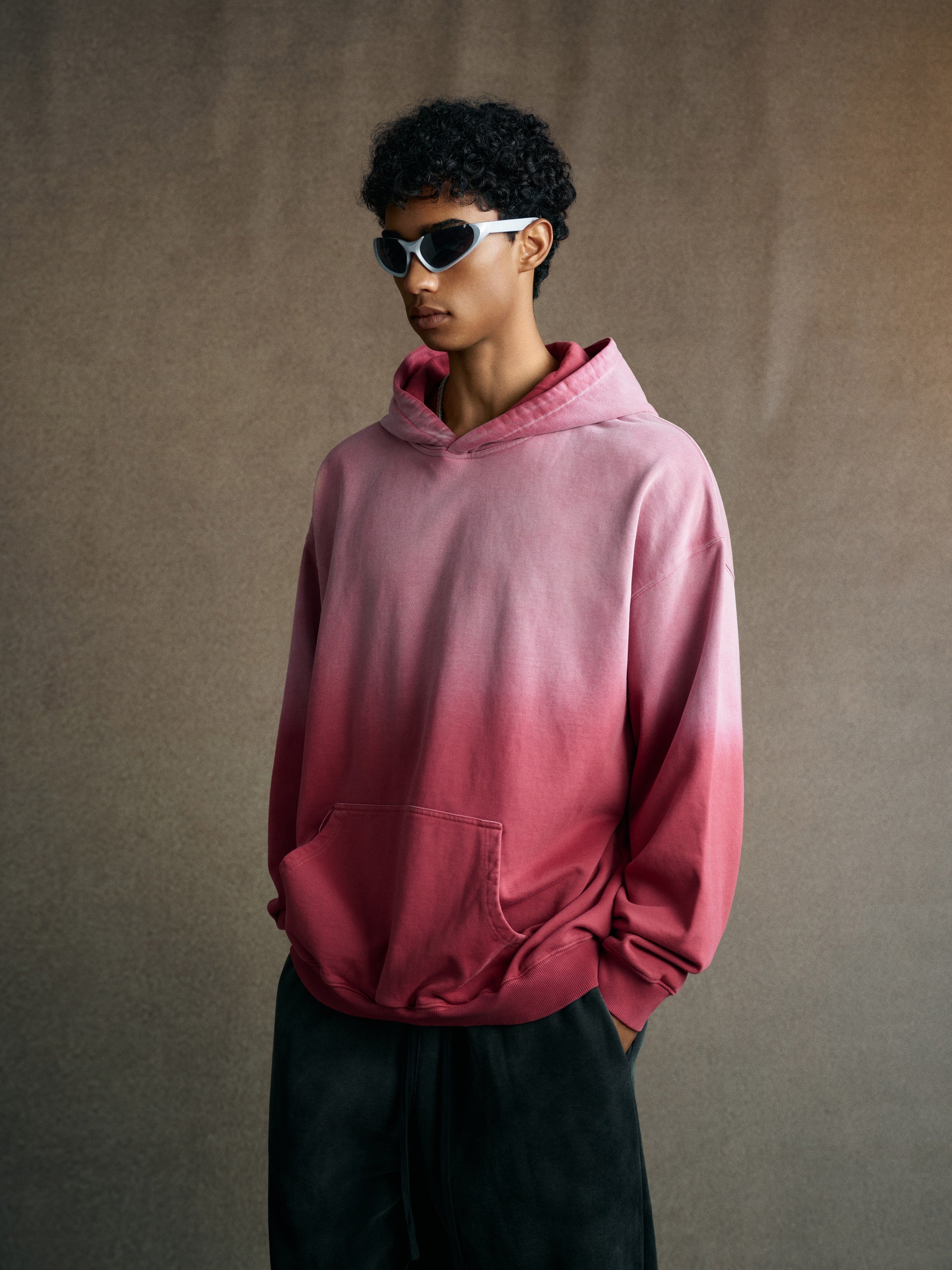480GSM Unisex Monkey Wash Heavyweight French Terry Hoodie Vintage Faded Red