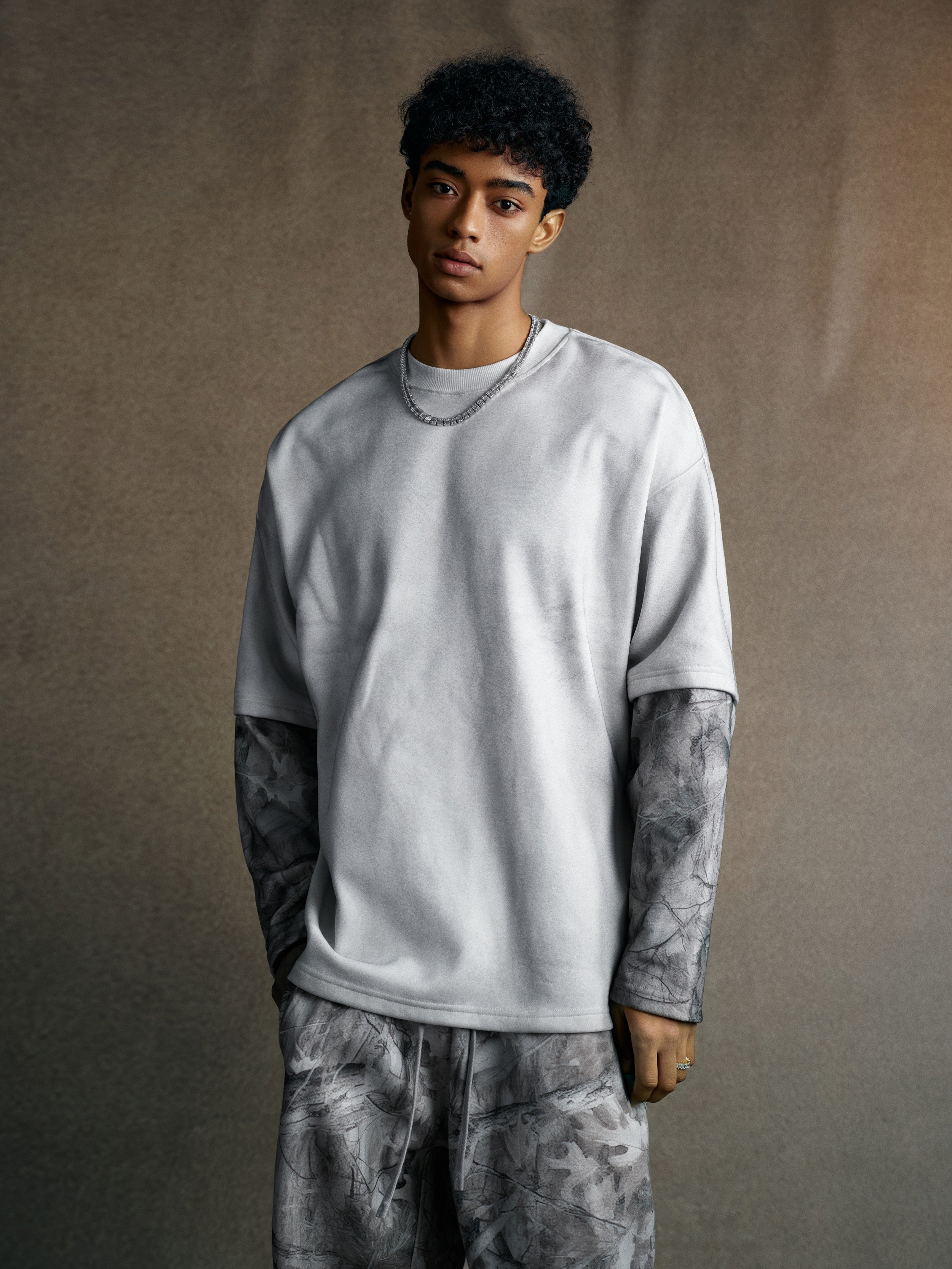340GSM Unisex Heat-Transfer Desert Camouflage Faux-Two-Piece Long-Sleeve White