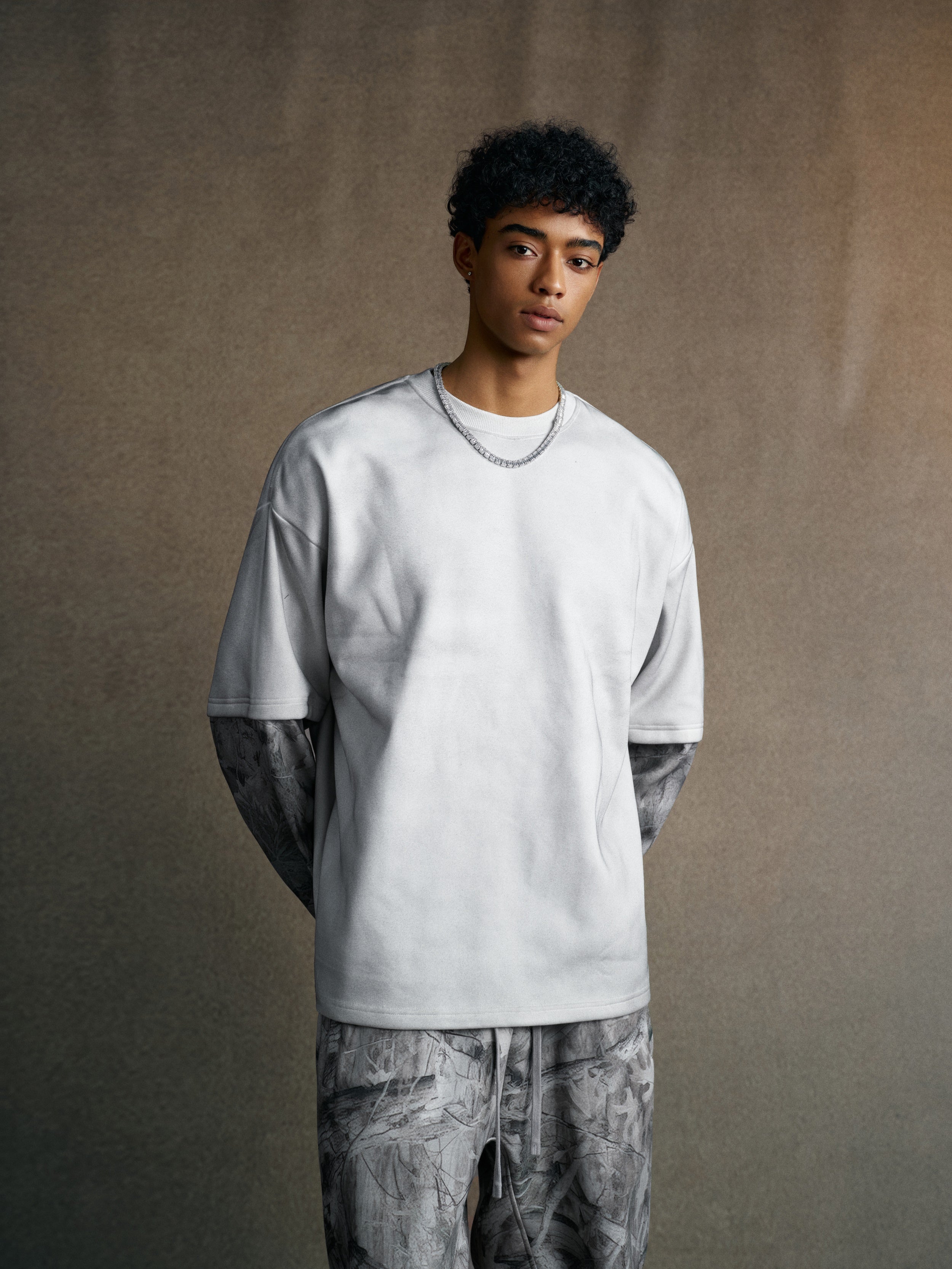 340GSM Unisex Heat-Transfer Desert Camouflage Faux-Two-Piece Long-Sleeve White