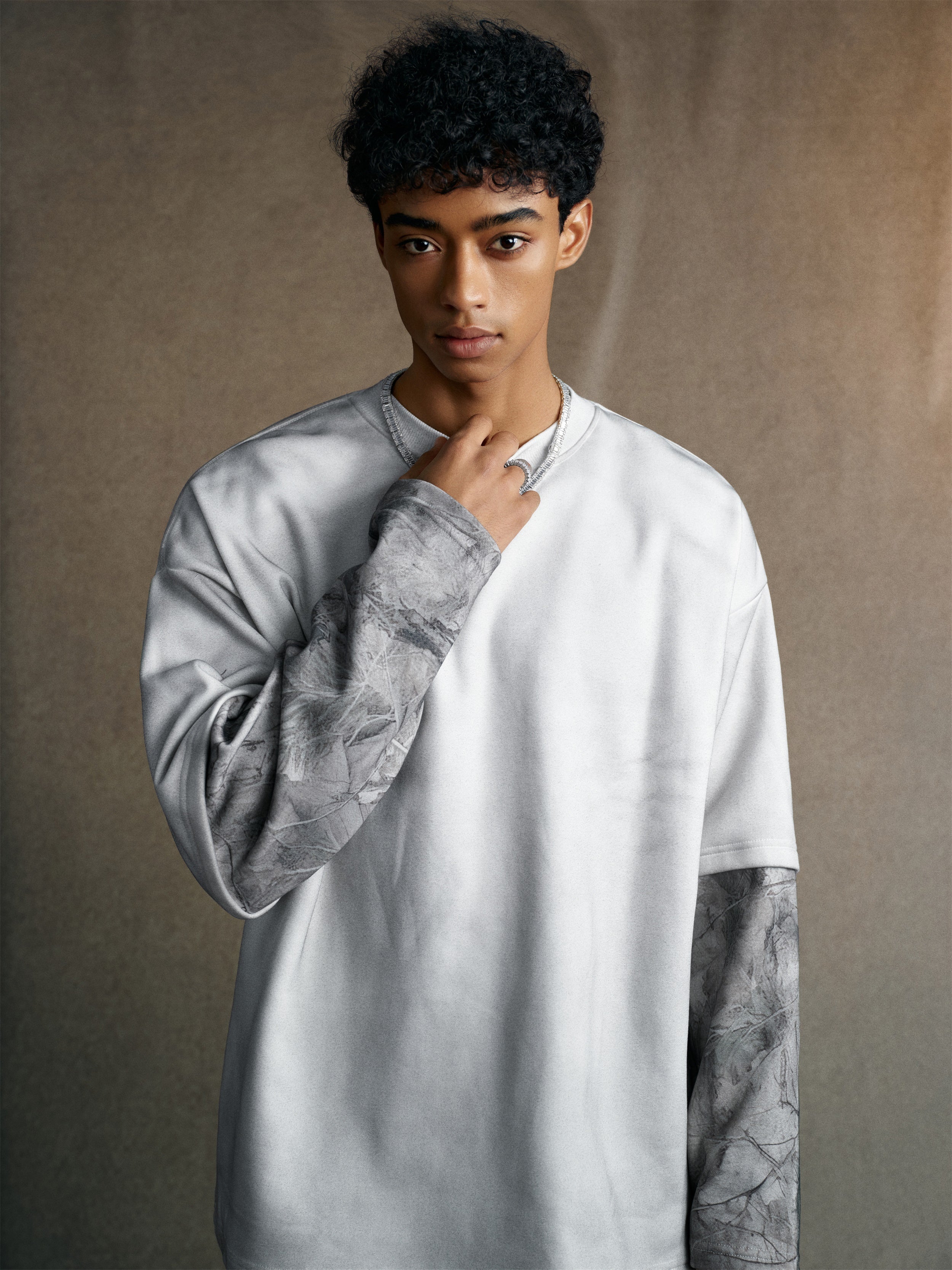 340GSM Unisex Heat-Transfer Desert Camouflage Faux-Two-Piece Long-Sleeve White