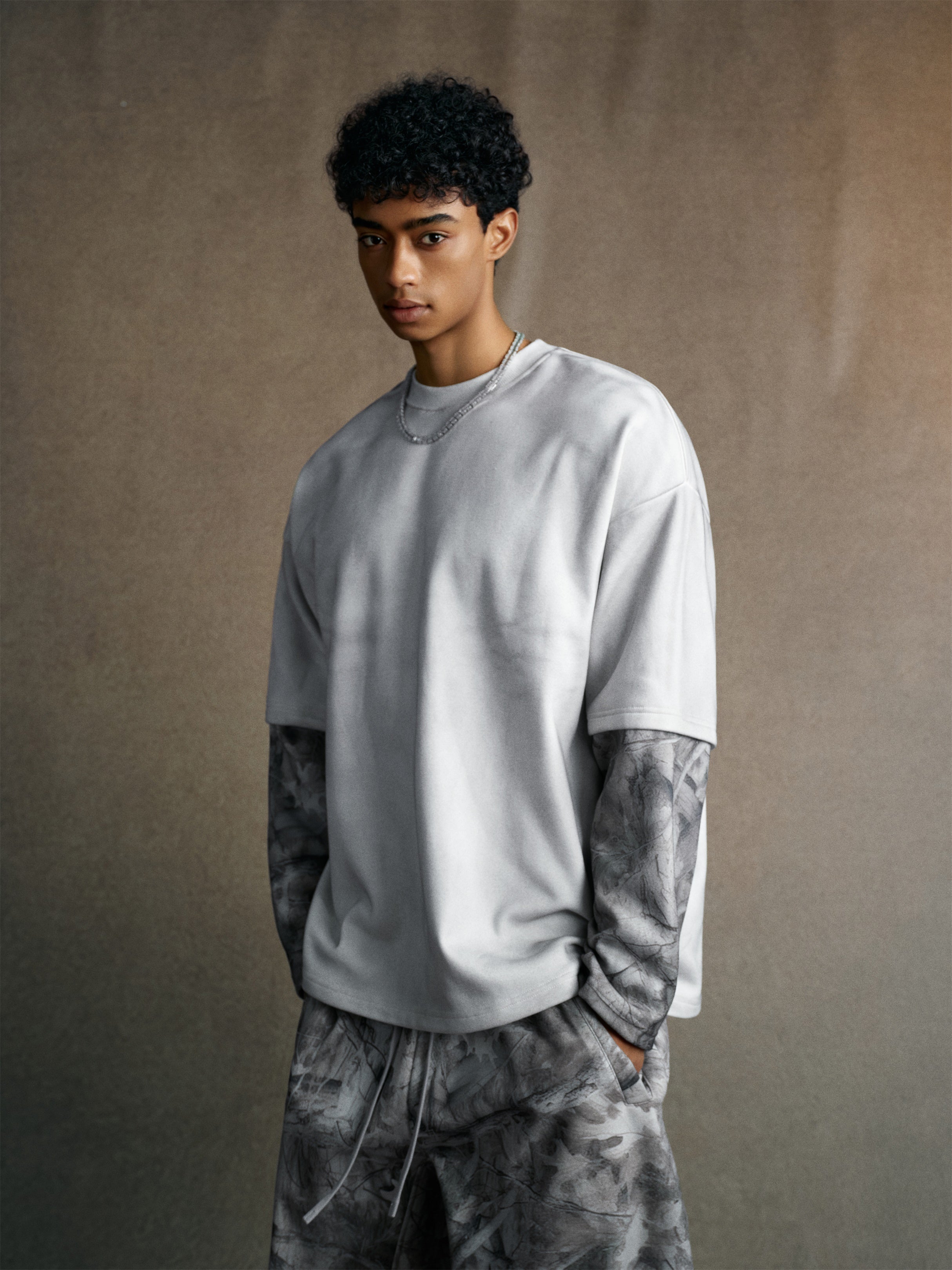 340GSM Unisex Heat-Transfer Desert Camouflage Faux-Two-Piece Long-Sleeve White