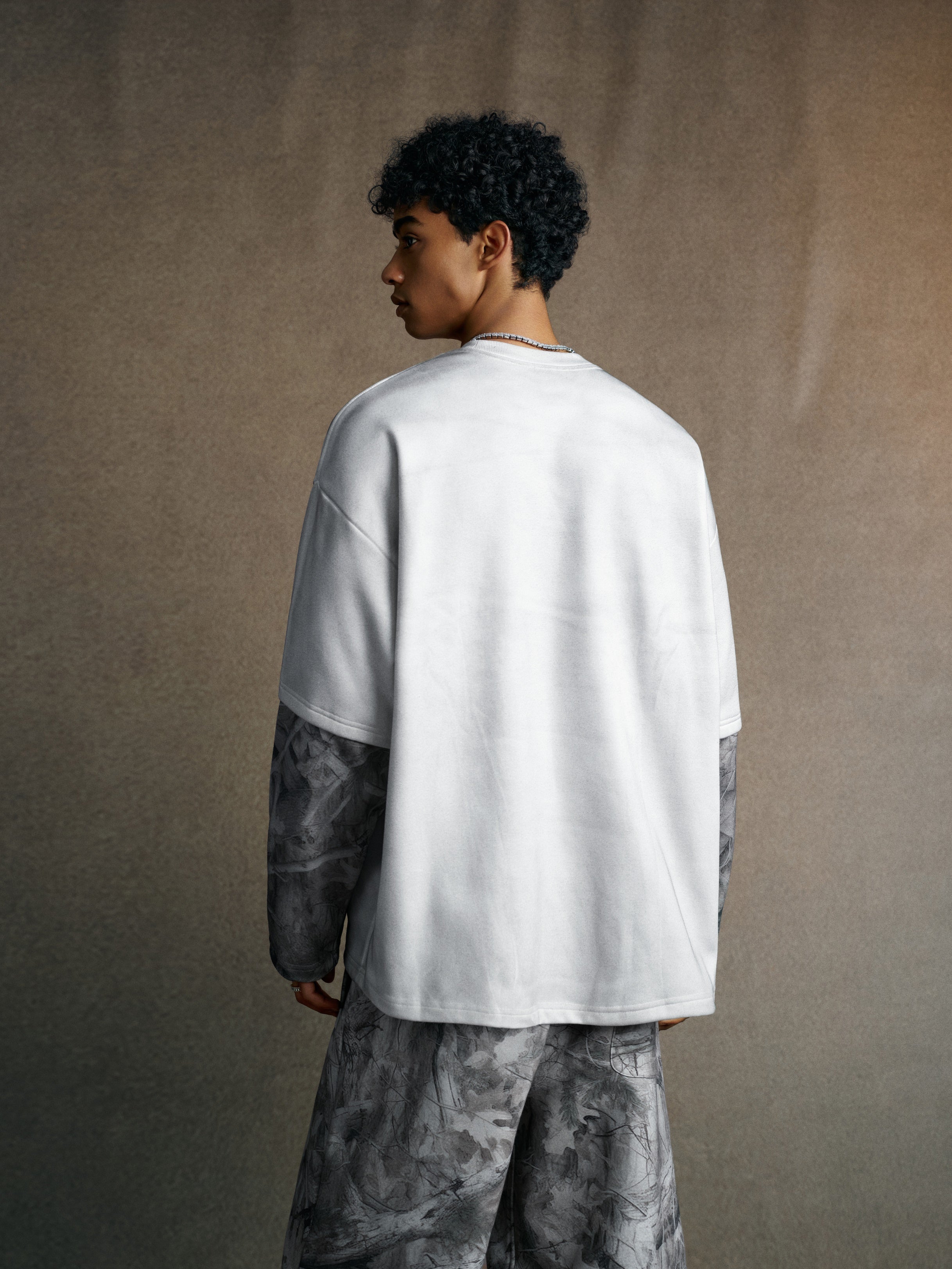 340GSM Unisex Heat-Transfer Desert Camouflage Faux-Two-Piece Long-Sleeve White