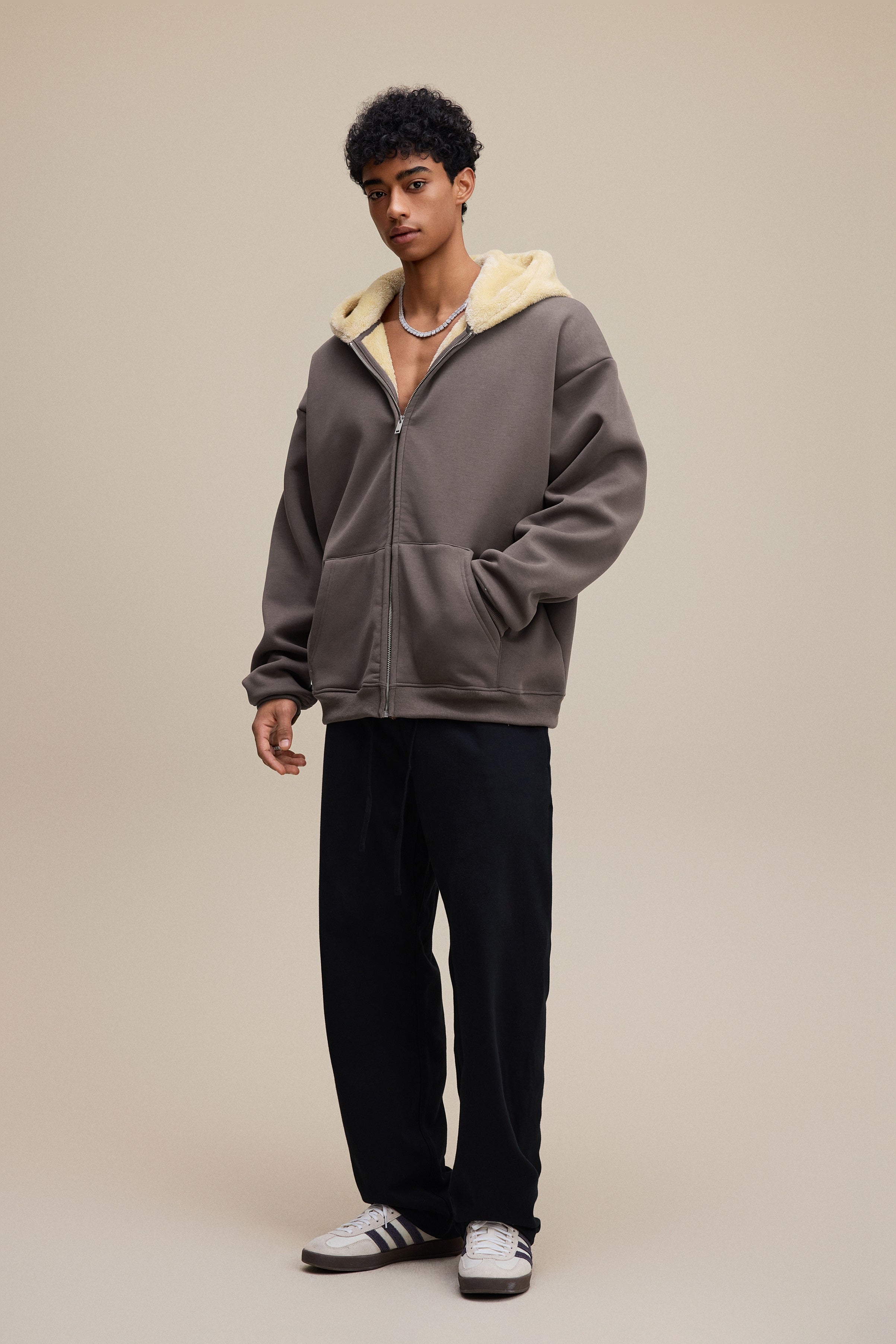 560GSM Unisex Composite Fleece Zip-Up Hoodie Brown