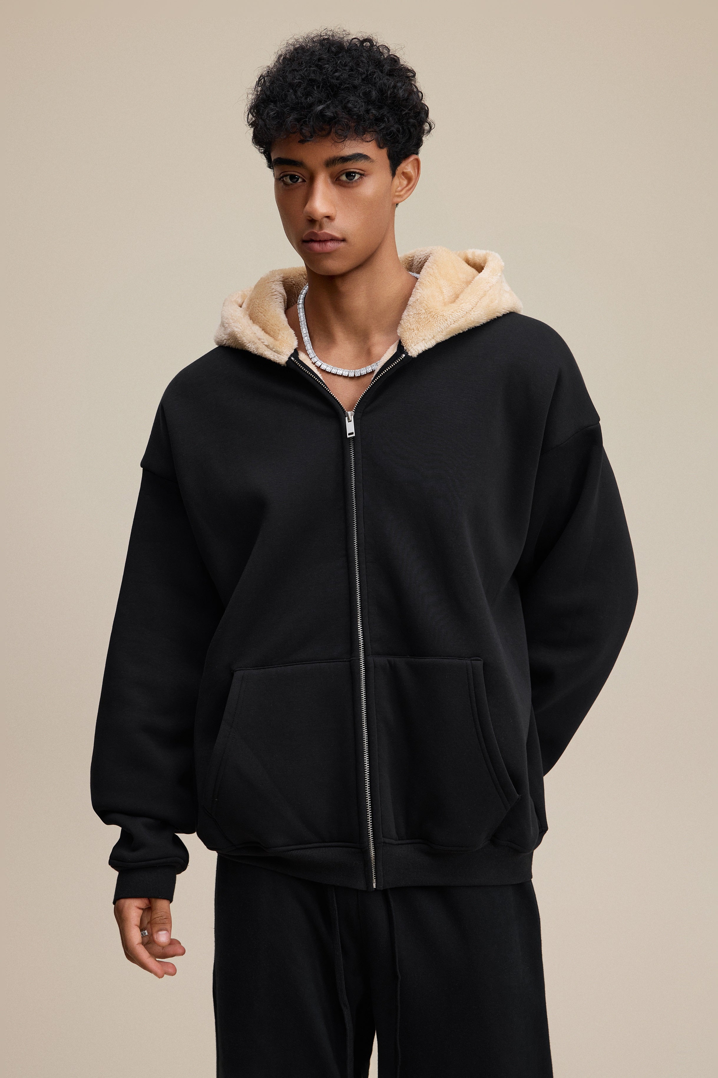560GSM Unisex Composite Fleece Zip-Up Hoodie Black