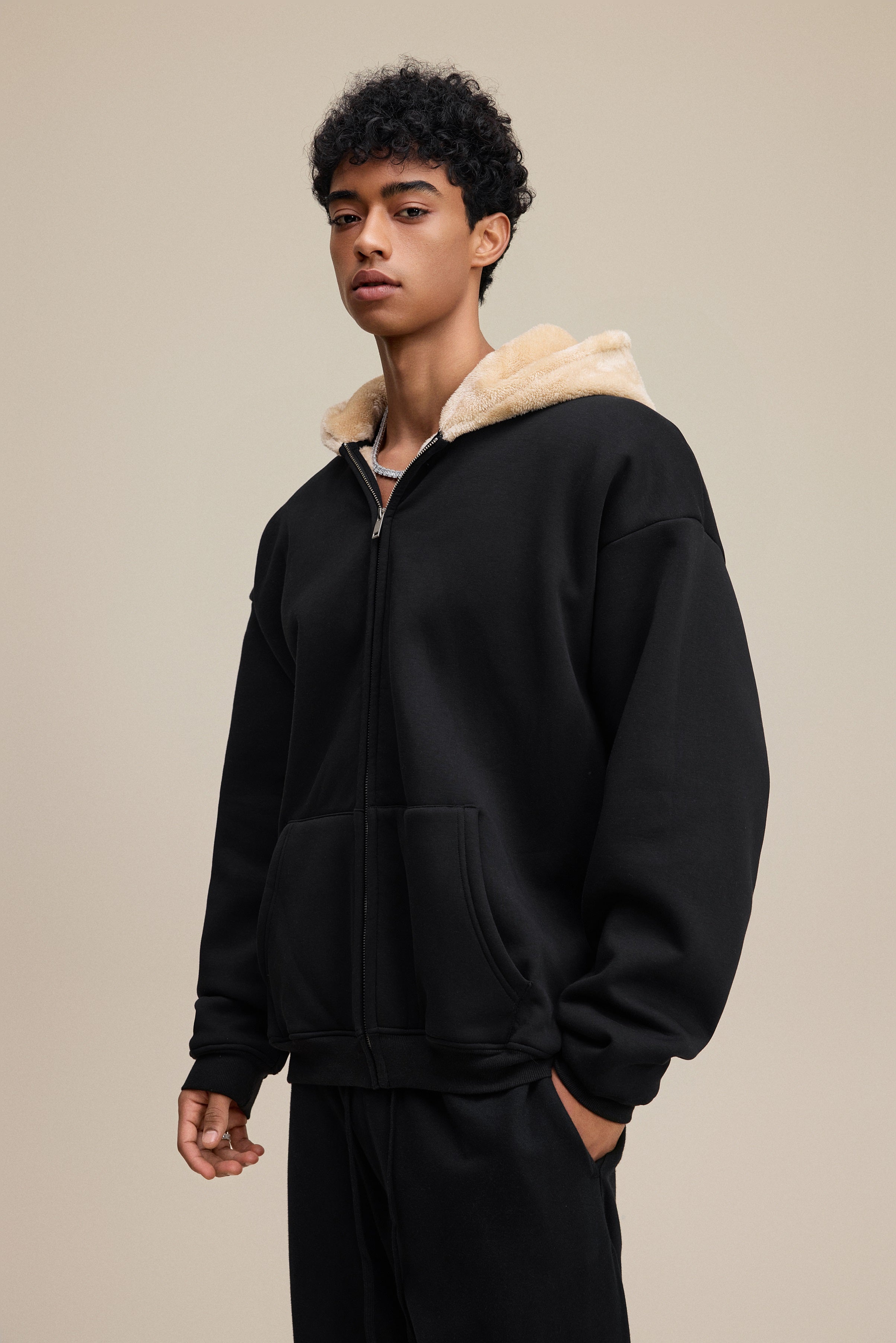 560GSM Unisex Composite Fleece Zip-Up Hoodie Black