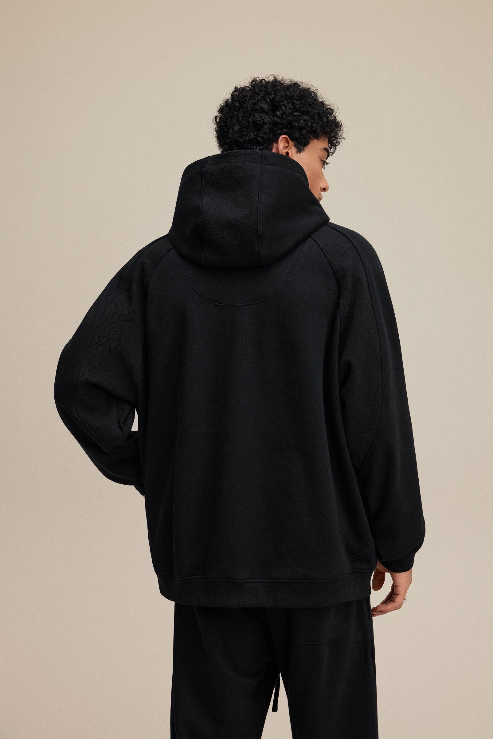340GSM Men’s Trendy Fleece Structured Panel Hoodie Black