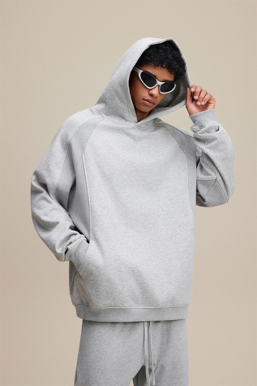 340GSM Men’s Trendy Fleece Structured Panel Hoodie Heathered Grey