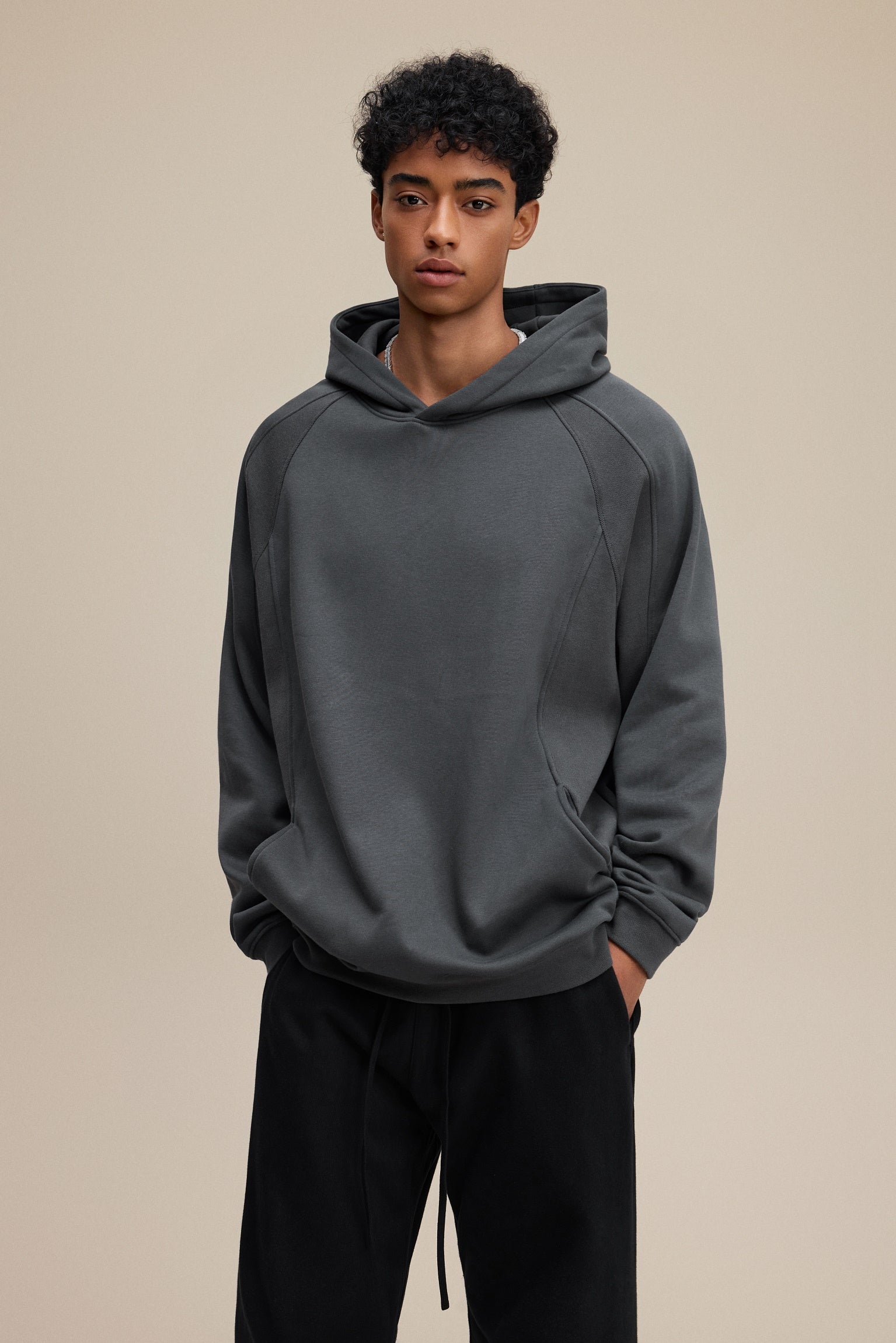 340GSM Men’s Trendy Fleece Structured Panel Hoodie Dark Grey