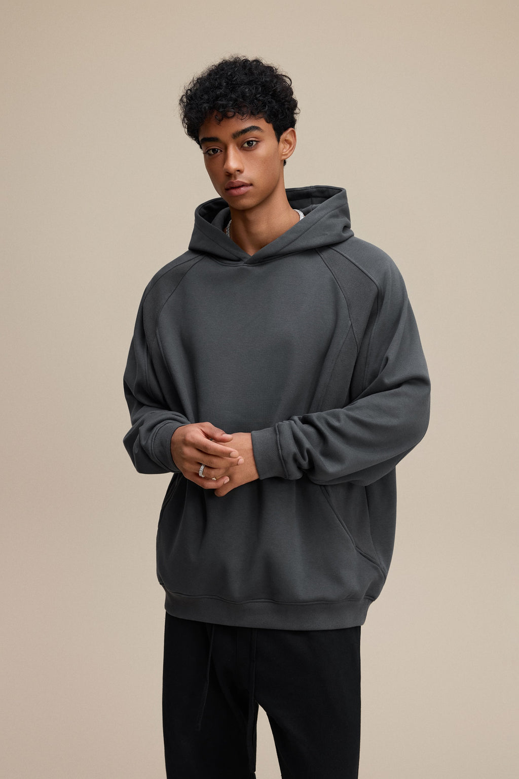 340GSM Men’s Trendy Fleece Structured Panel Hoodie Dark Grey