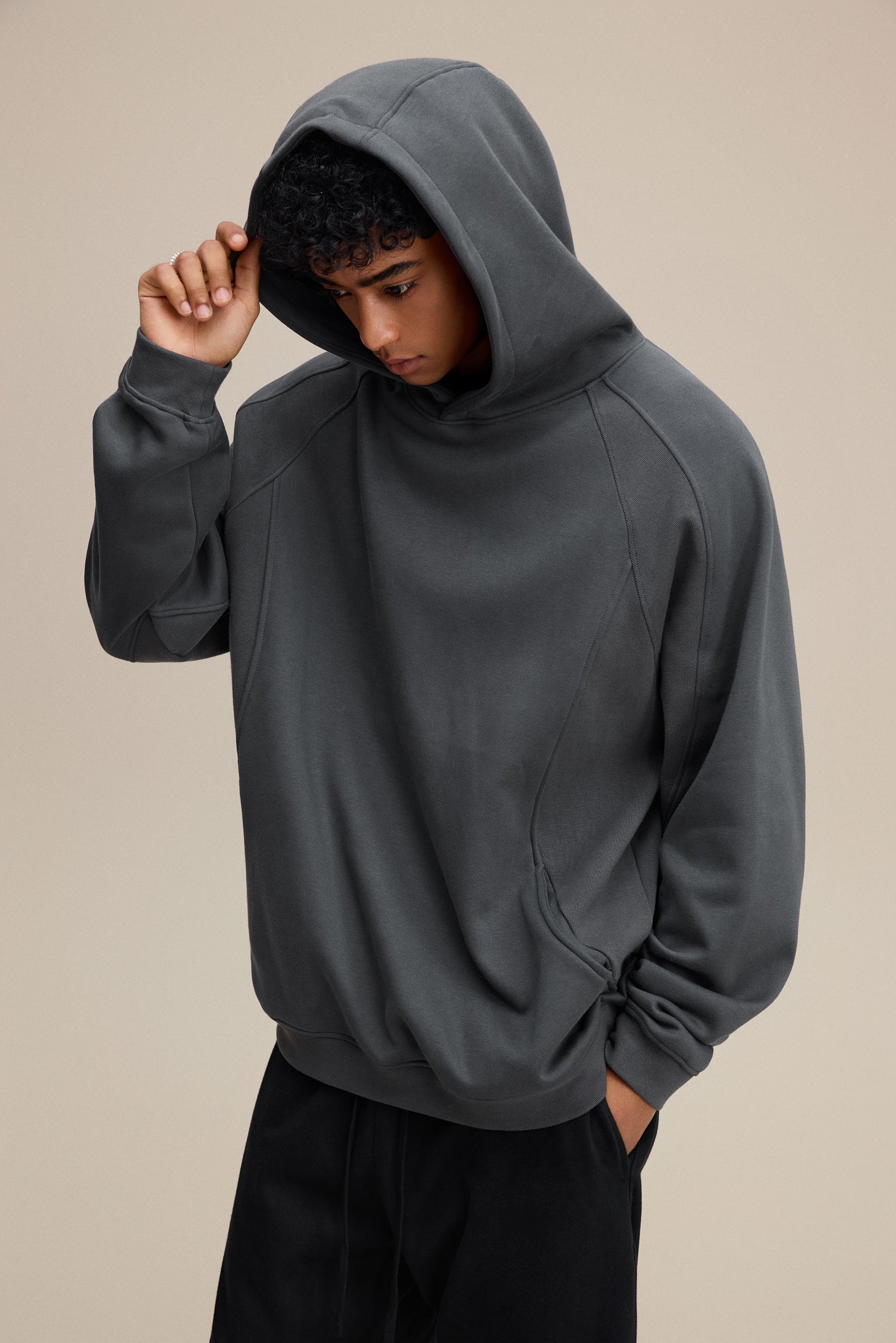 340GSM Men’s Trendy Fleece Structured Panel Hoodie Dark Grey