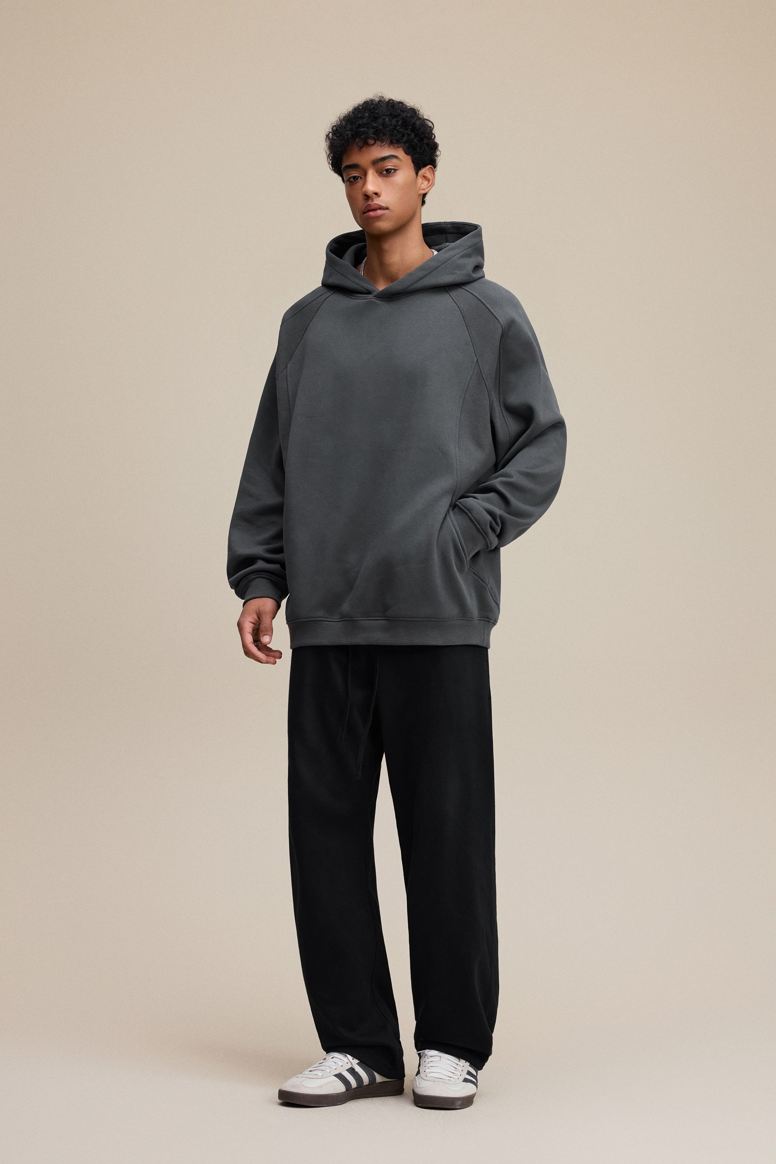 340GSM Men’s Trendy Fleece Structured Panel Hoodie Dark Grey