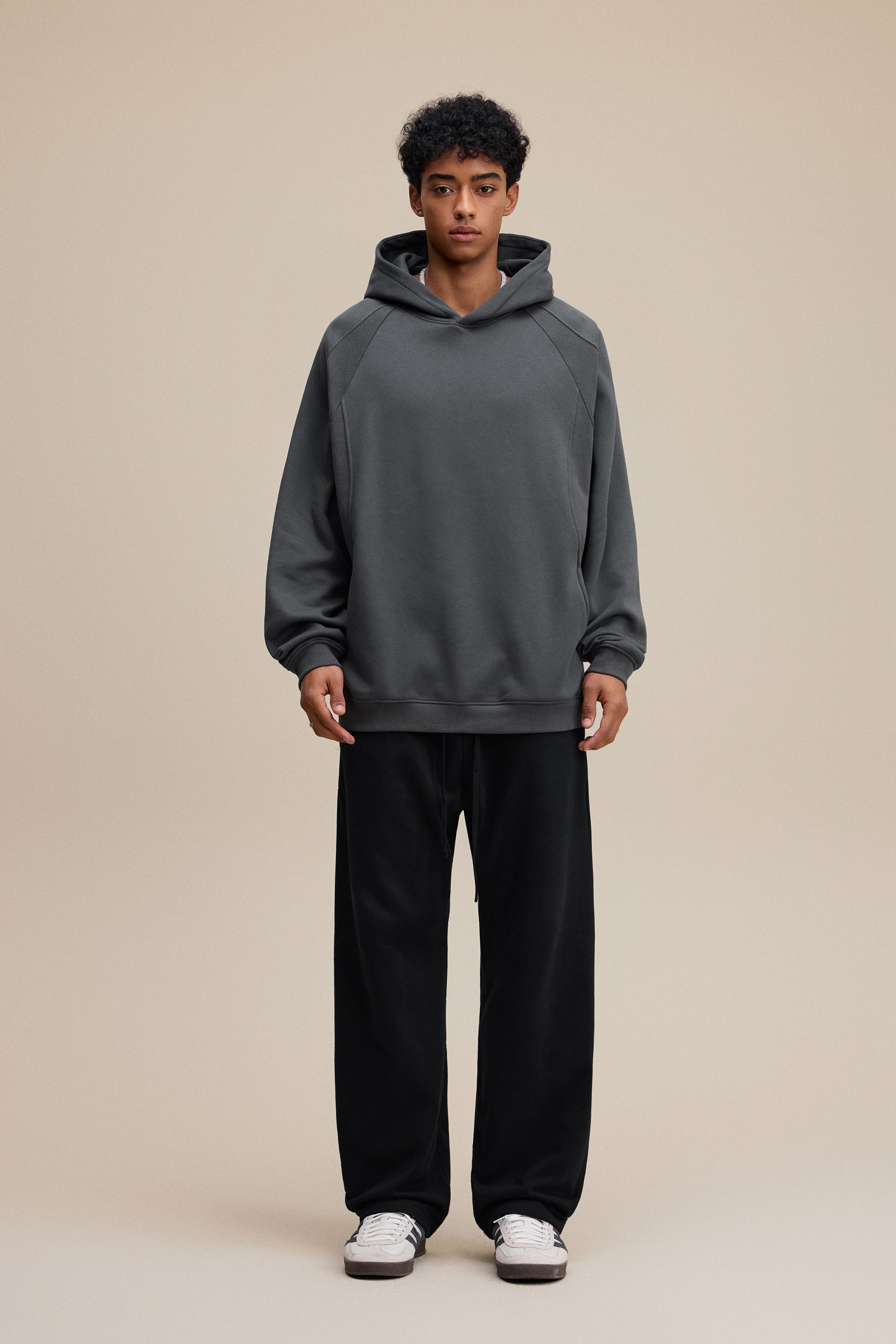 340GSM Men’s Trendy Fleece Structured Panel Hoodie Dark Grey
