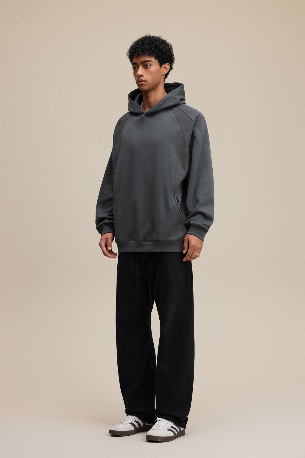 340GSM Men’s Trendy Fleece Structured Panel Hoodie Dark Grey