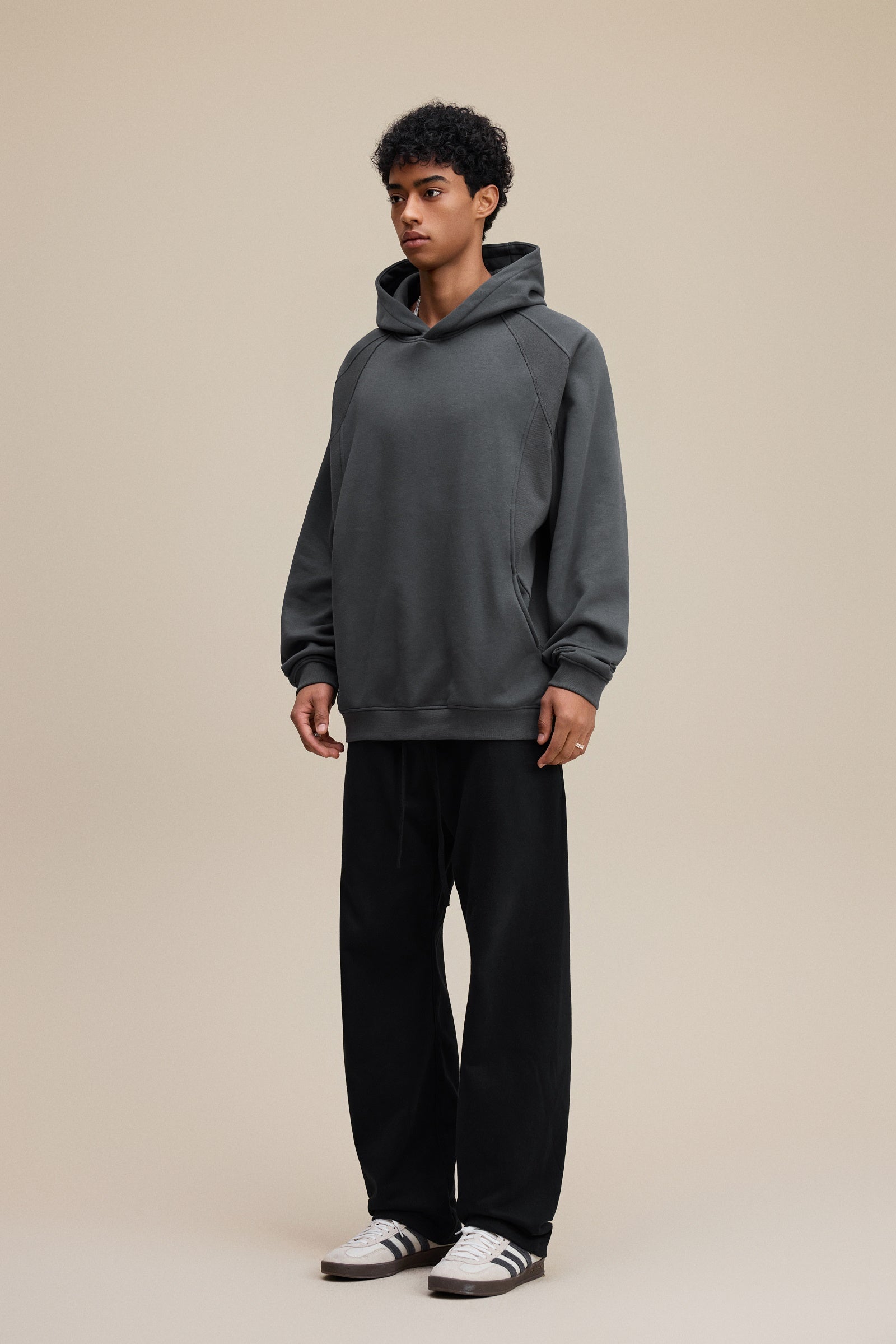 340GSM Men’s Trendy Fleece Structured Panel Hoodie Dark Grey