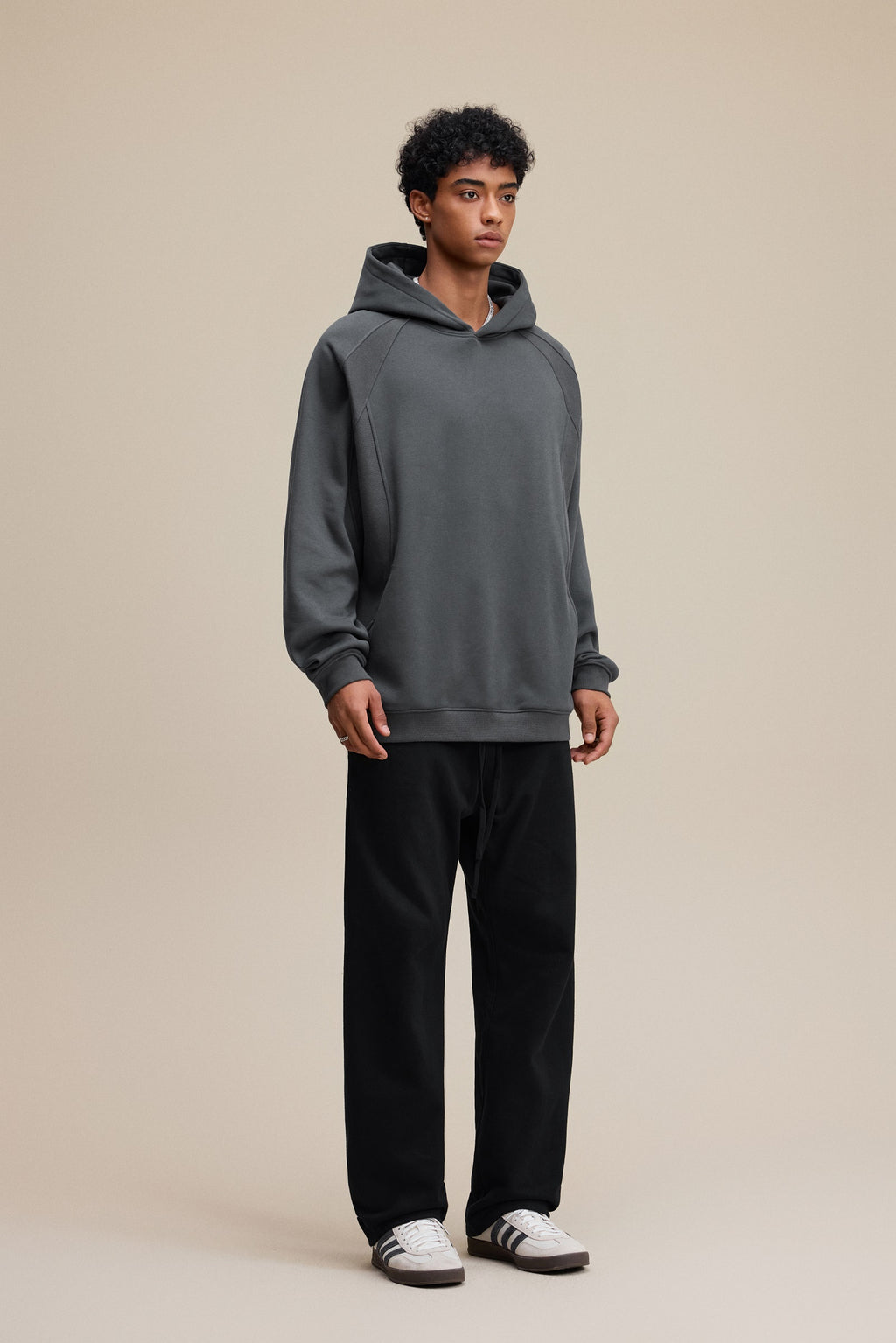 340GSM Men’s Trendy Fleece Structured Panel Hoodie Dark Grey