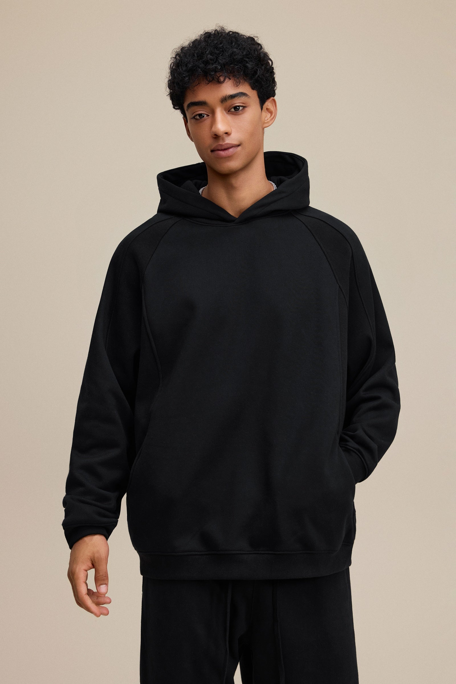340GSM Men’s Trendy Fleece Structured Panel Hoodie Black