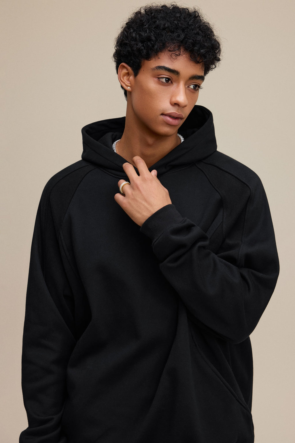 340GSM Men’s Trendy Fleece Structured Panel Hoodie Black