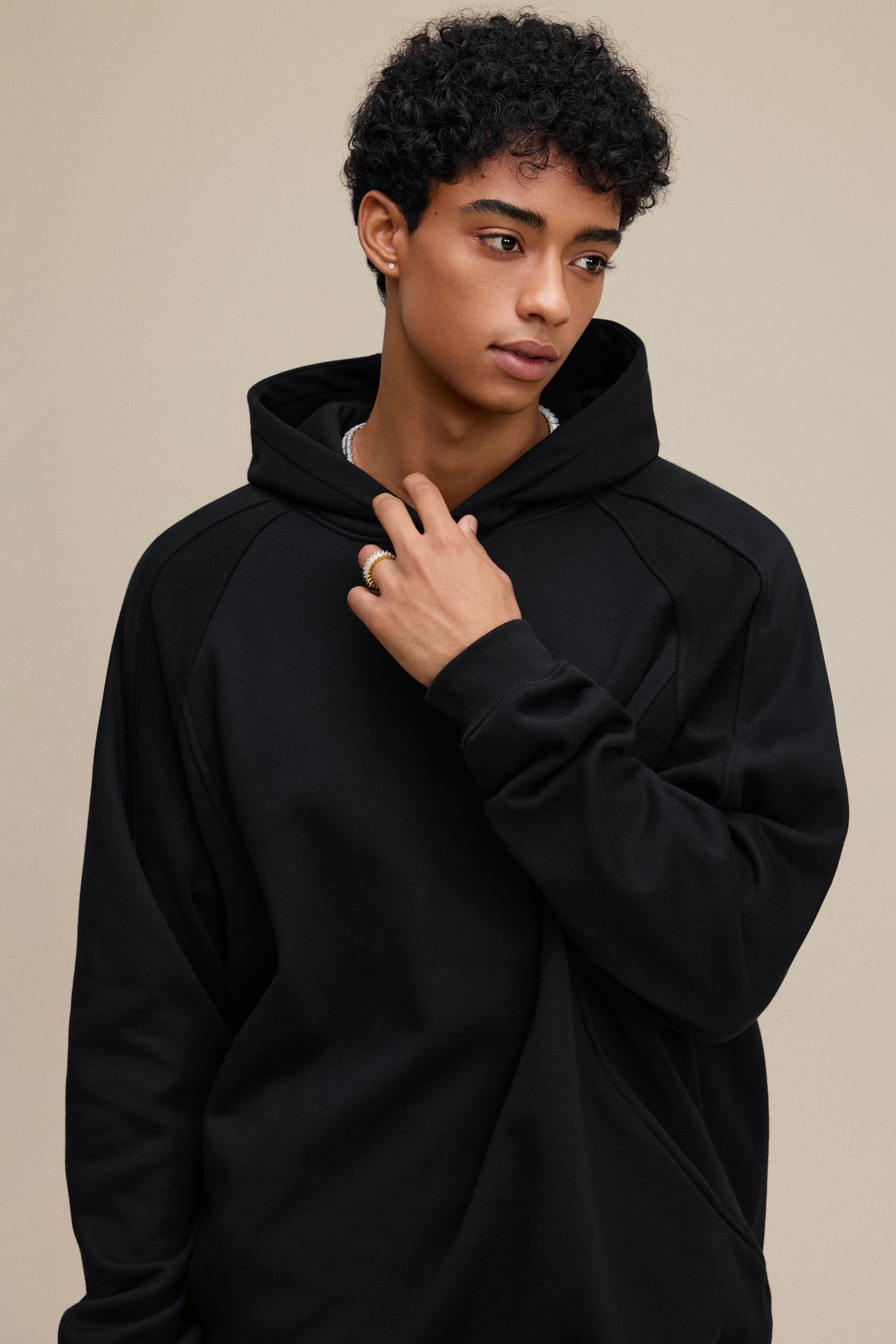 340GSM Men’s Trendy Fleece Structured Panel Hoodie Black