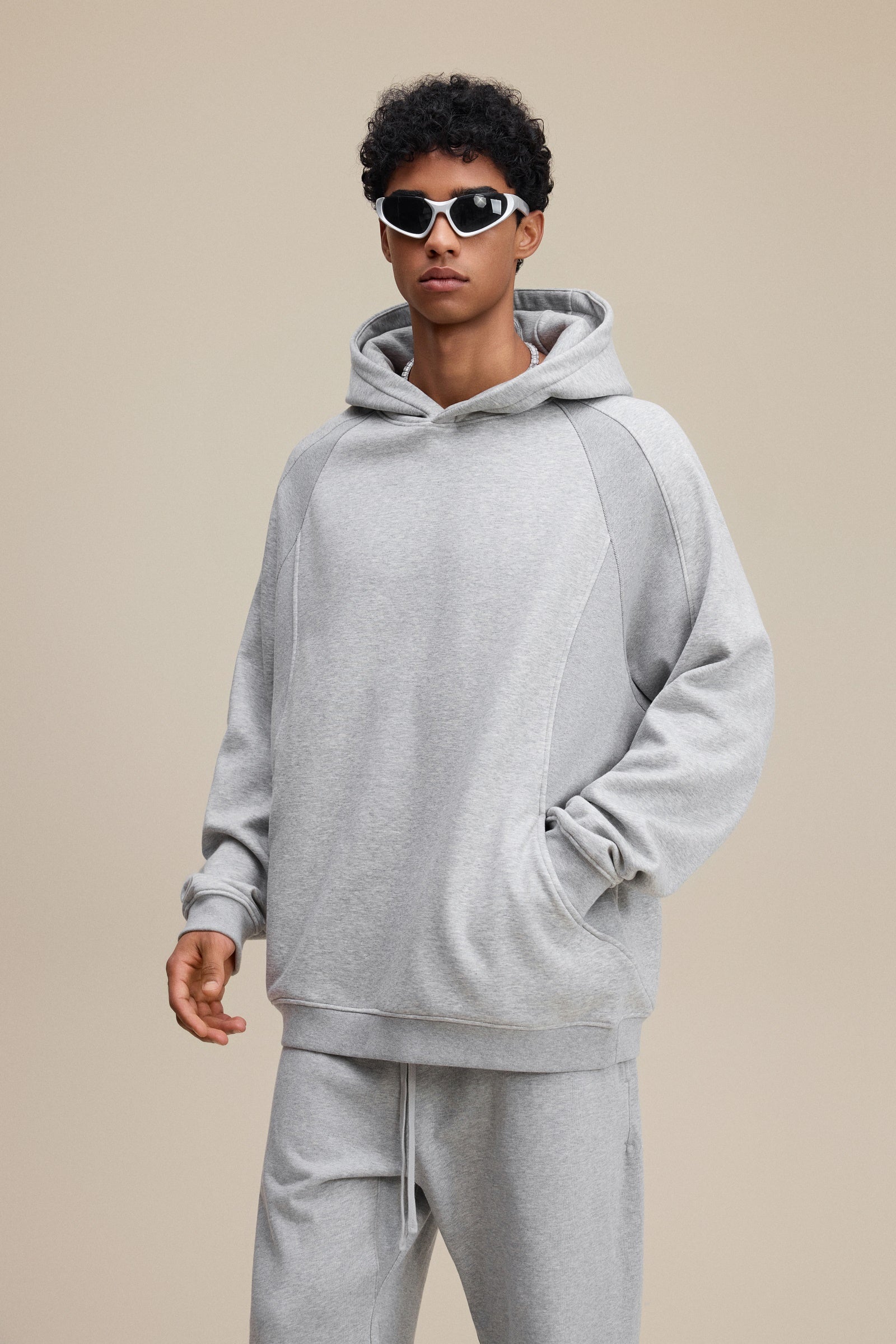 340GSM Men’s Trendy Fleece Structured Panel Hoodie Heathered Grey