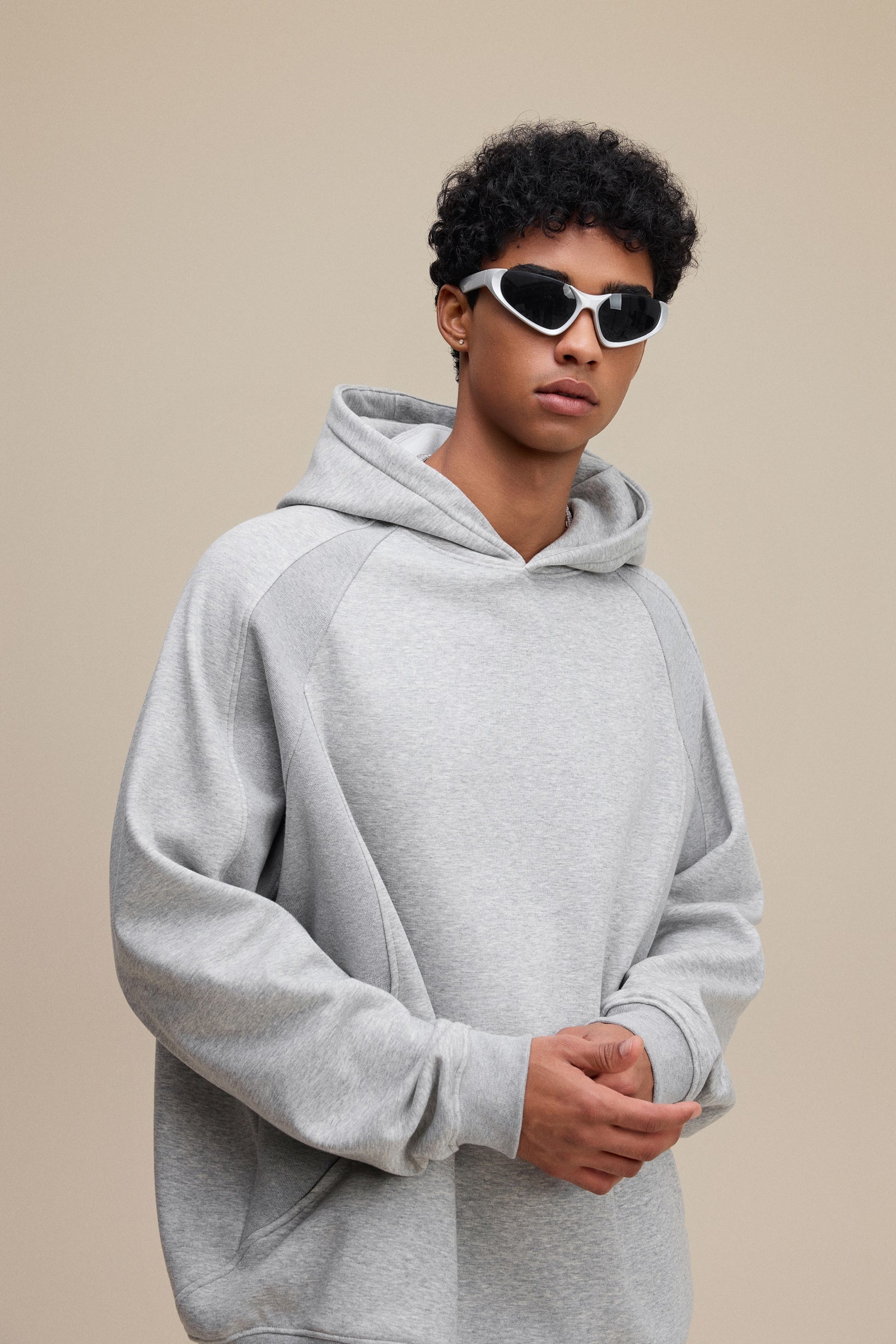340GSM Men’s Trendy Fleece Structured Panel Hoodie Heathered Grey