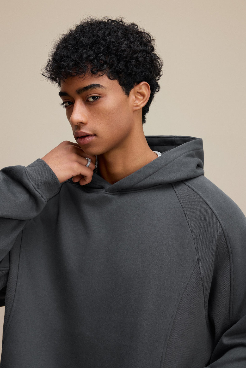 340GSM Men’s Trendy Fleece Structured Panel Hoodie Dark Grey