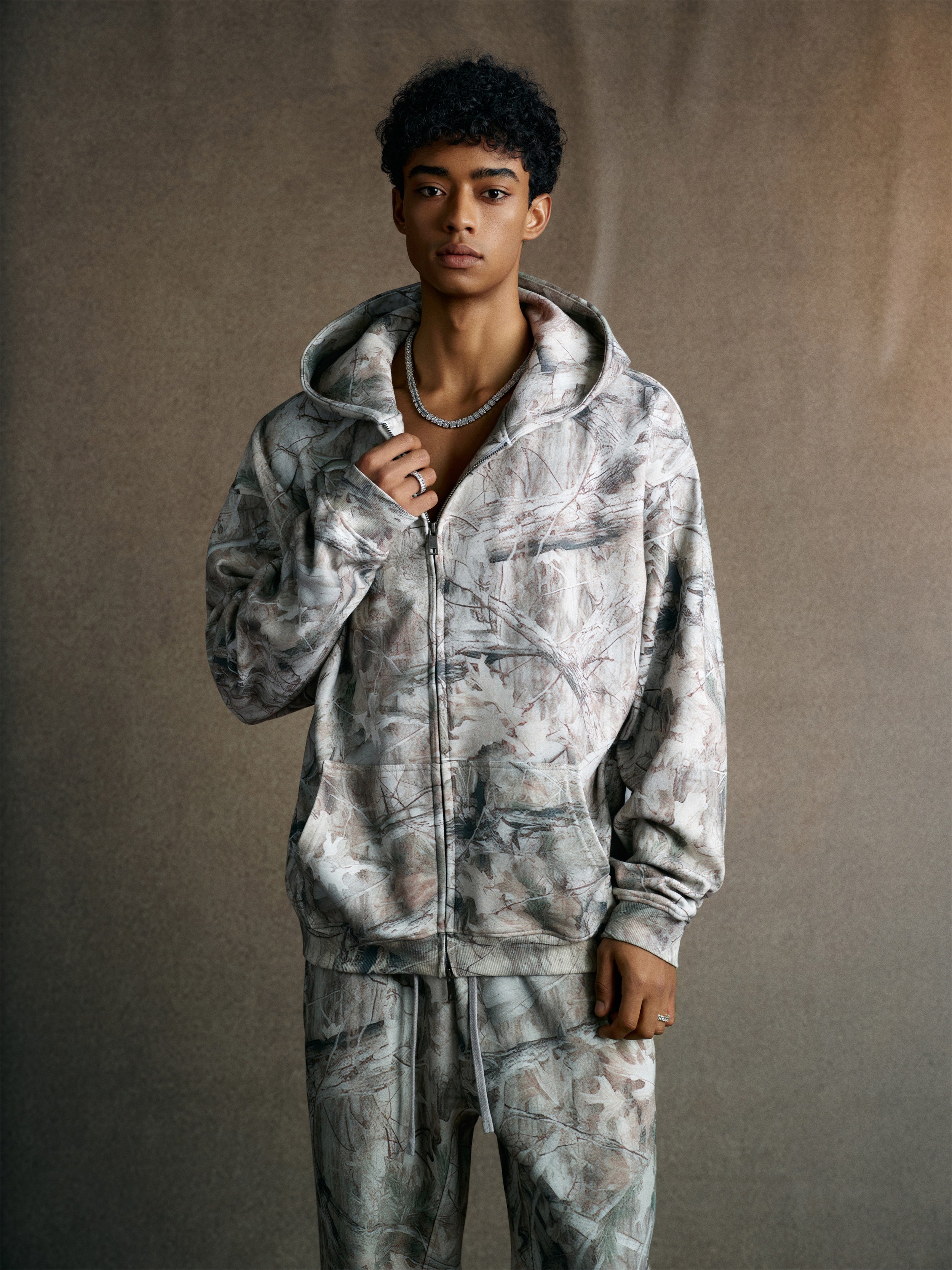 340GSM Unisex Heat Transfer Desert Camouflage Zip-Up Hoodie 	Branch Camouflage