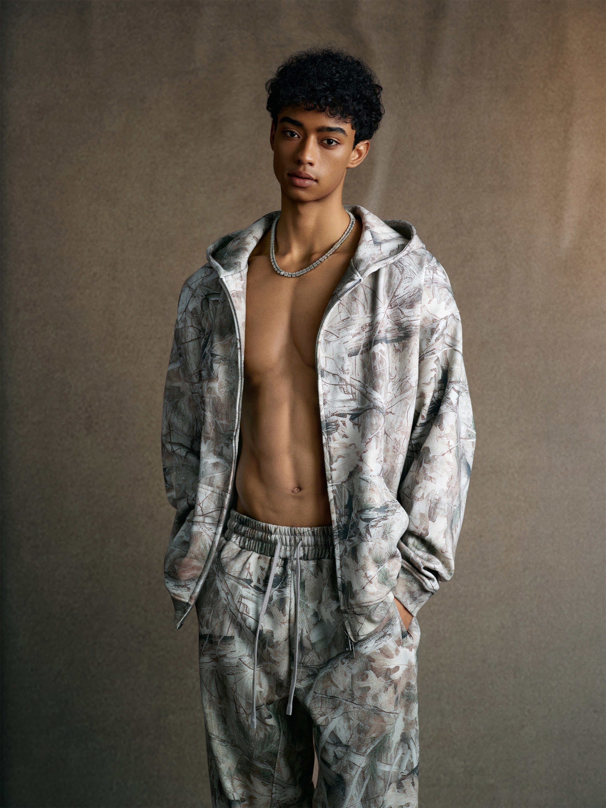 340GSM Unisex Heat Transfer Desert Camouflage Zip-Up Hoodie 	Branch Camouflage