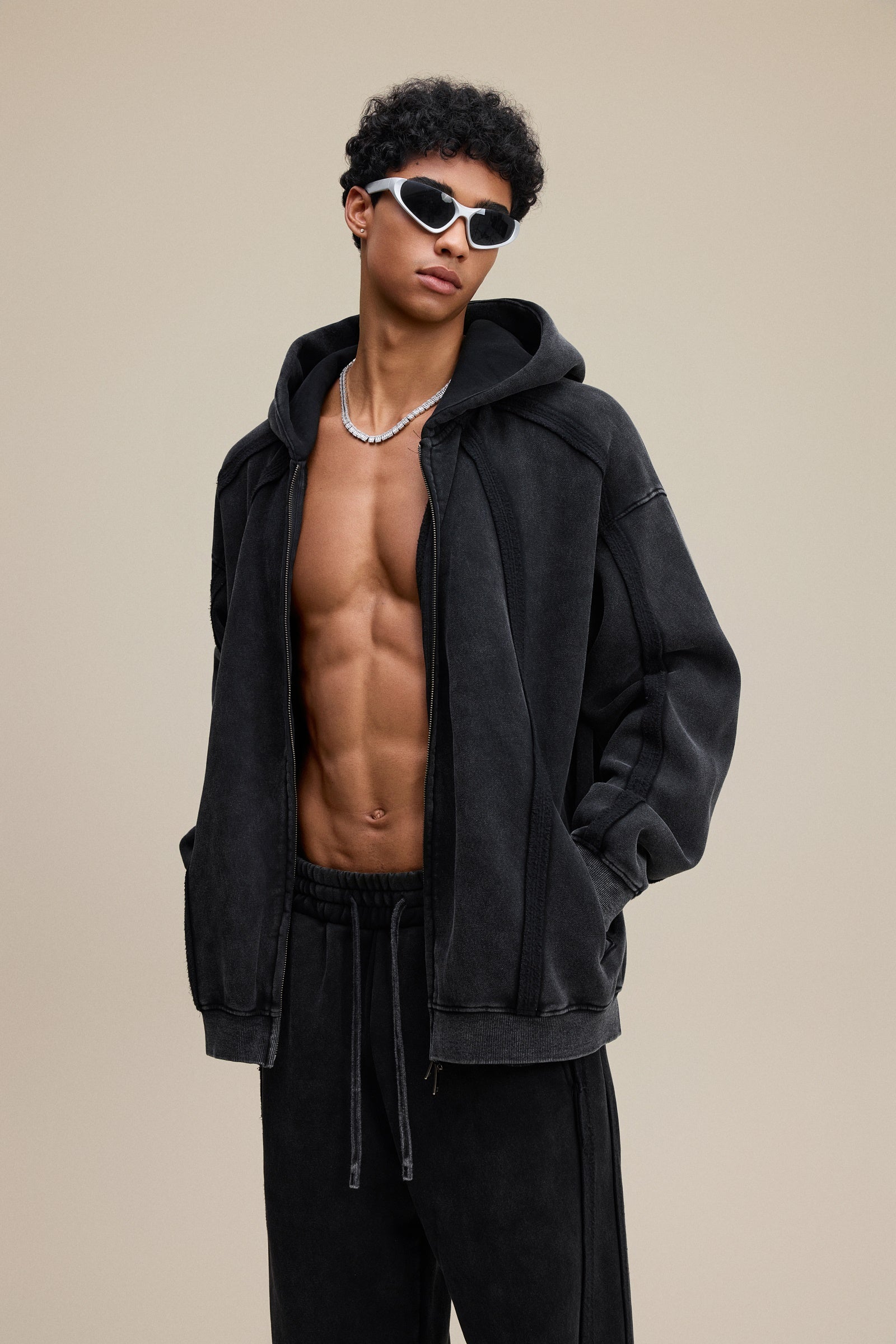 360GSM Men’s Structured Panel Raw-Edge Fleece-Lined Distressed Snow-Wash Zip-Up Hoodie Snowflake Grey
