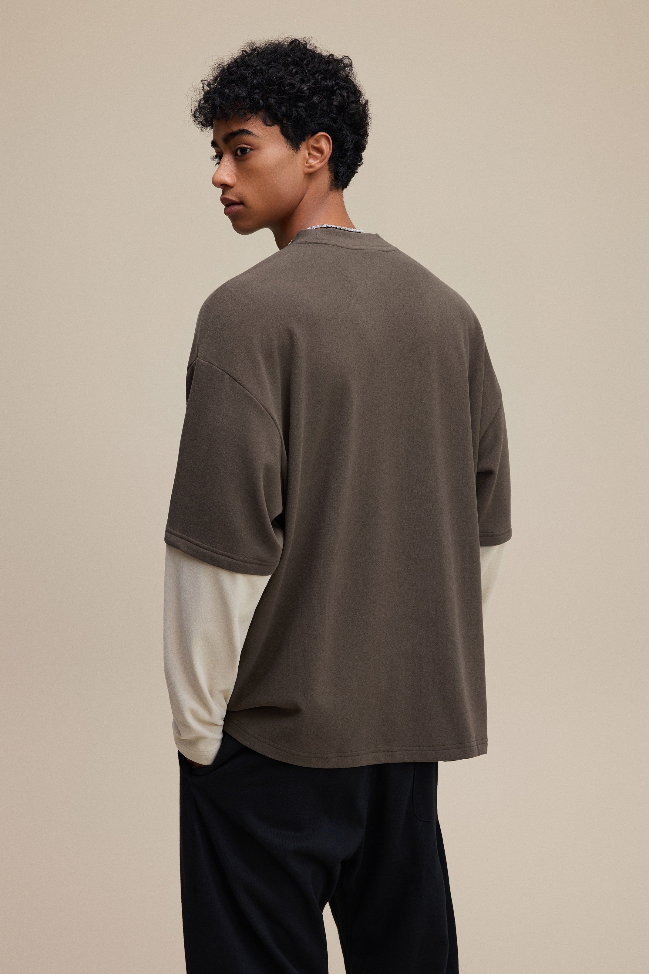 320GSM Unisex Faux Layered Solid Color Base Layer Long-Sleeve Coffee/Grey Apricot