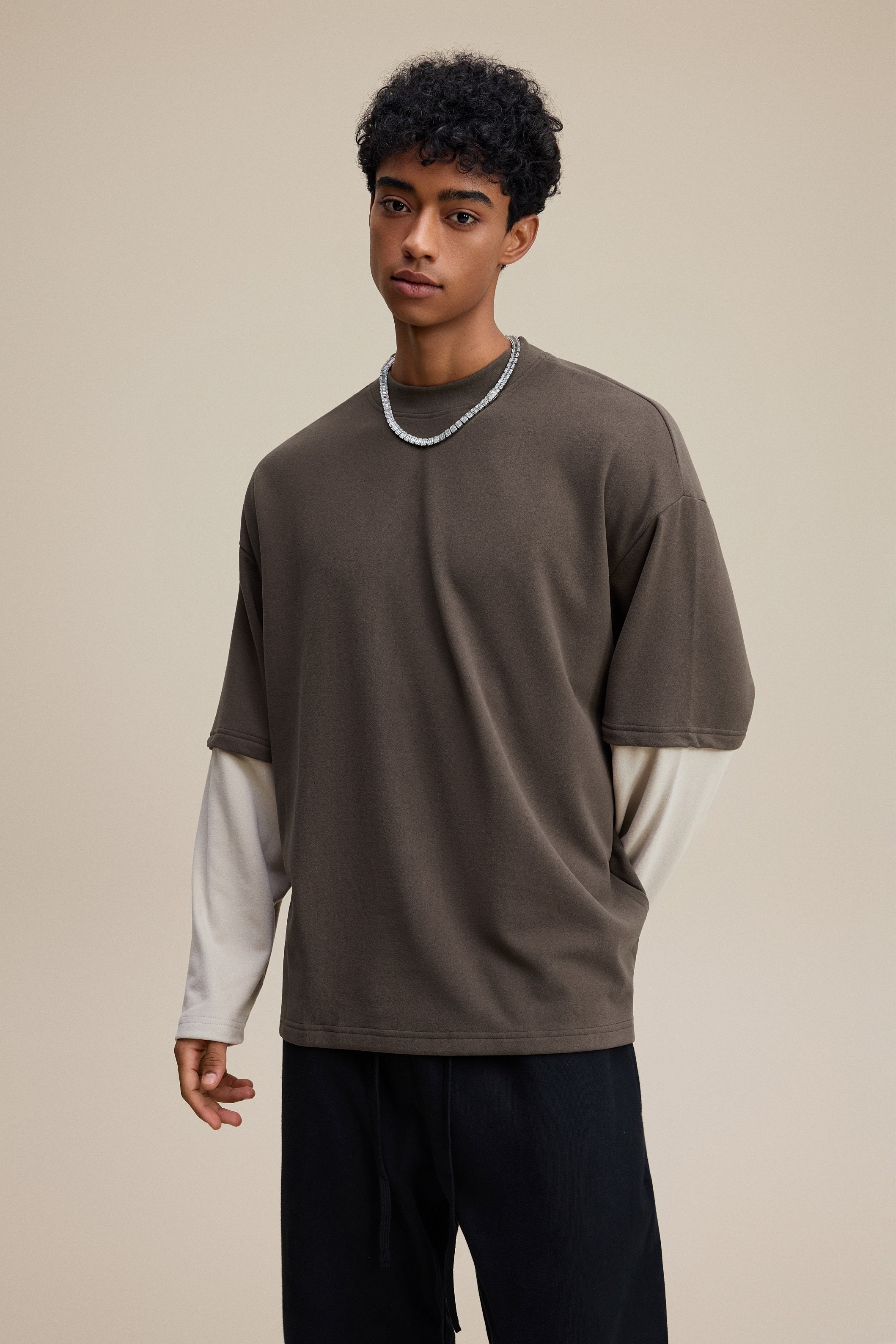 320GSM Unisex Faux Layered Solid Color Base Layer Long-Sleeve Coffee/Grey Apricot