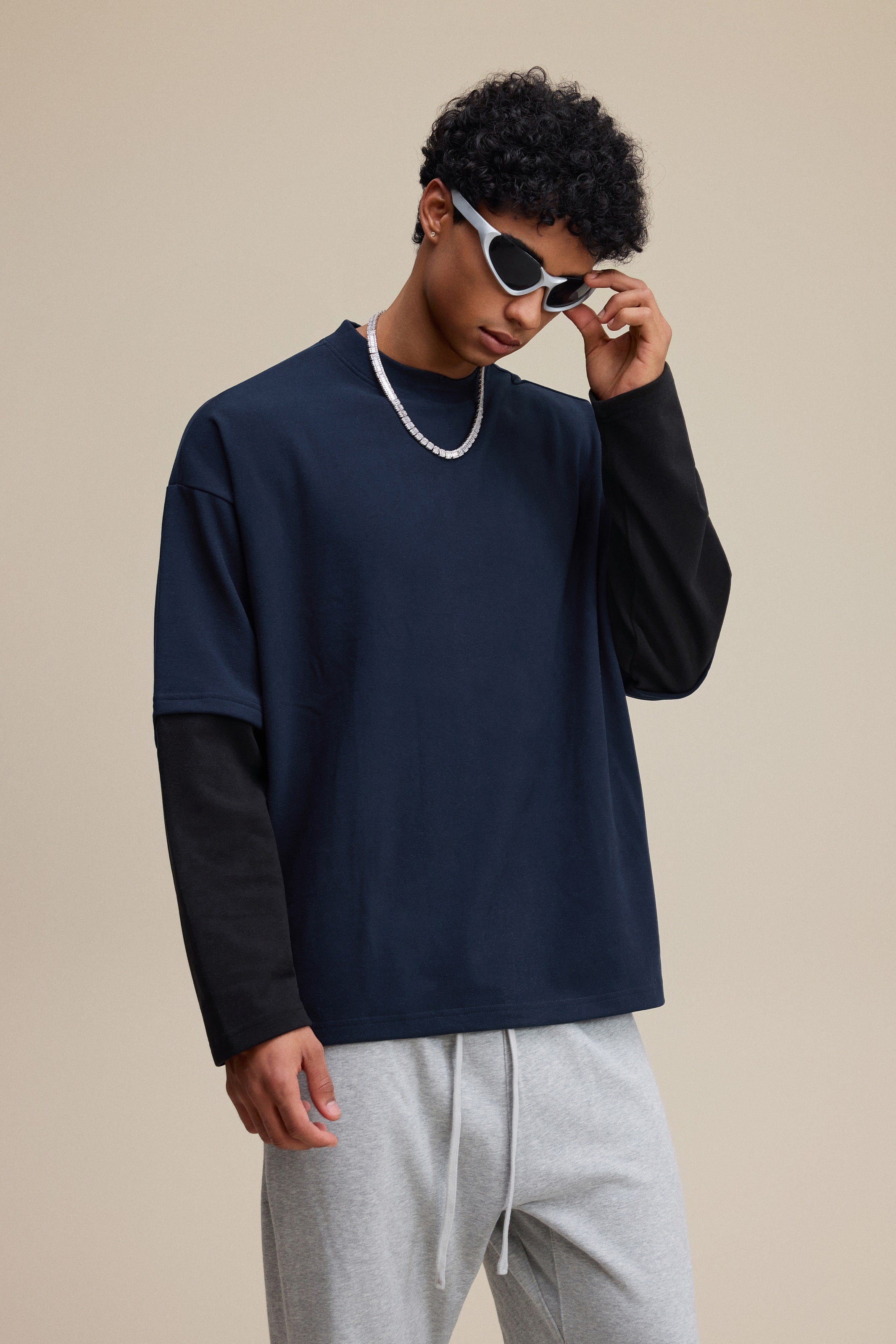 320GSM Unisex Faux Layered Solid Color Base Layer Long-Sleeve Navy Blue/Black