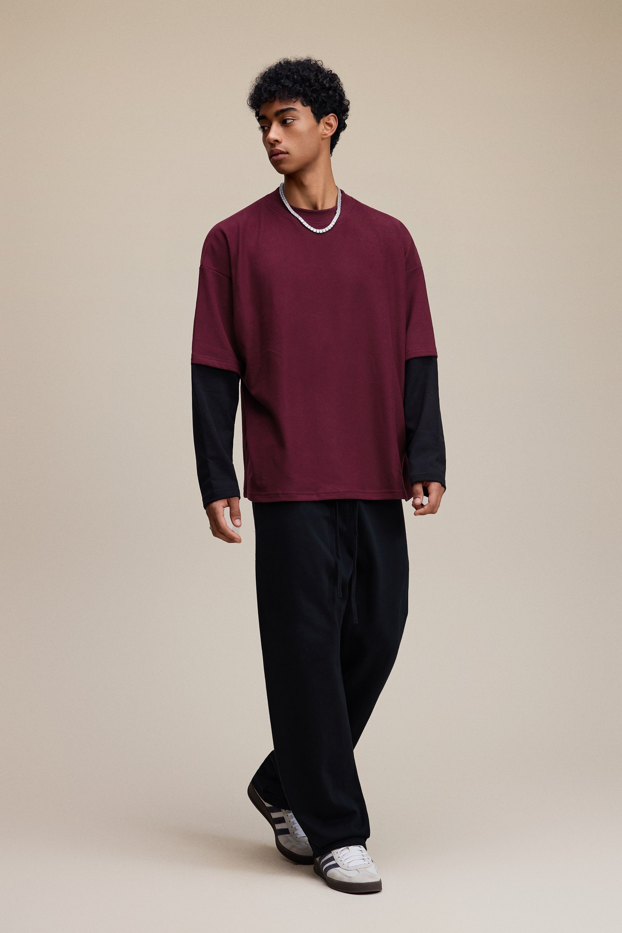 320GSM Unisex Faux Layered Solid Color Base Layer Long-Sleeve Dark Red/Black