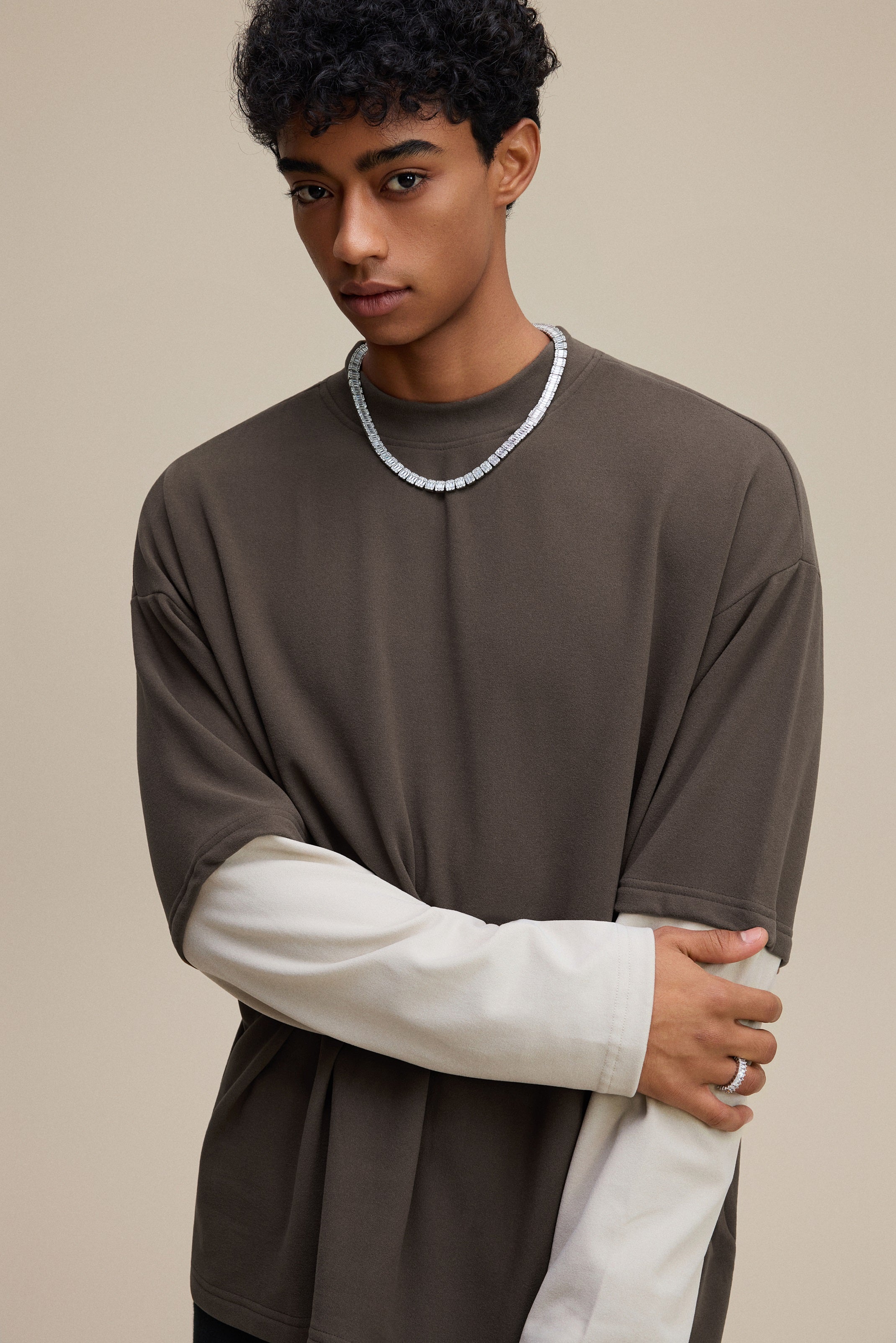 320GSM Unisex Faux Layered Solid Color Base Layer Long-Sleeve Coffee/Grey Apricot