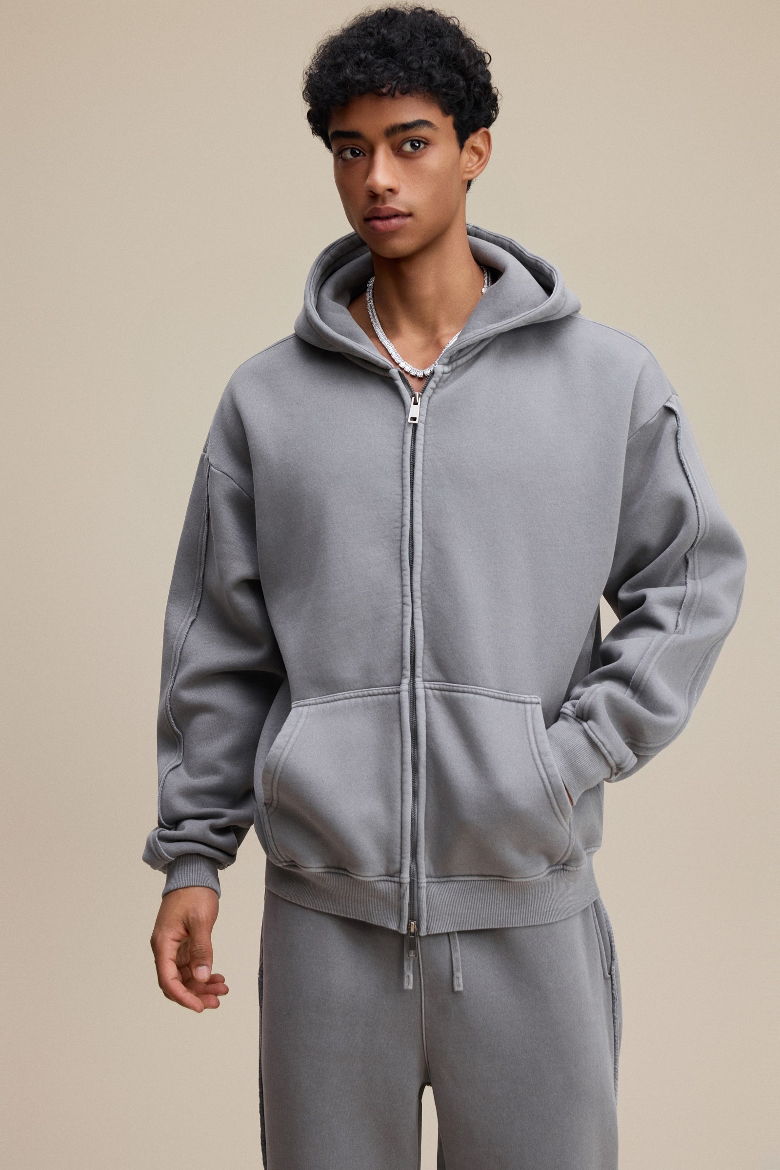 400GSM Men’s Raw-Edge Panelled Double-Zip Pigment-Wash Hoodie Medium Grey
