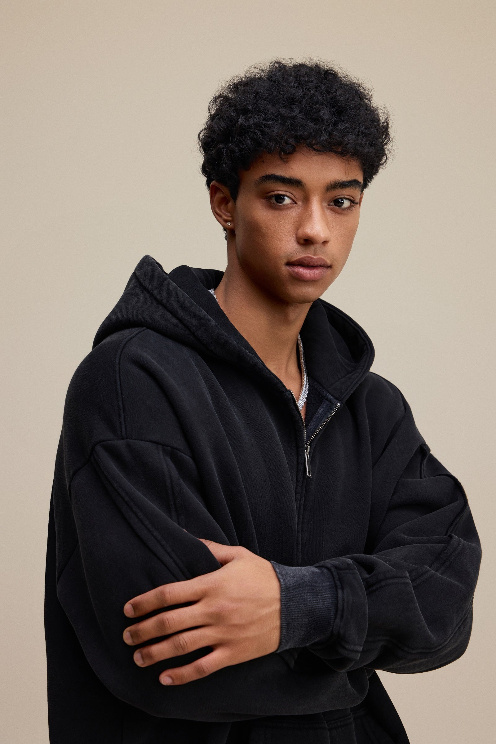 400GSM Men’s Raw-Edge Panelled Double-Zip Pigment-Wash Hoodie Snowflake Grey