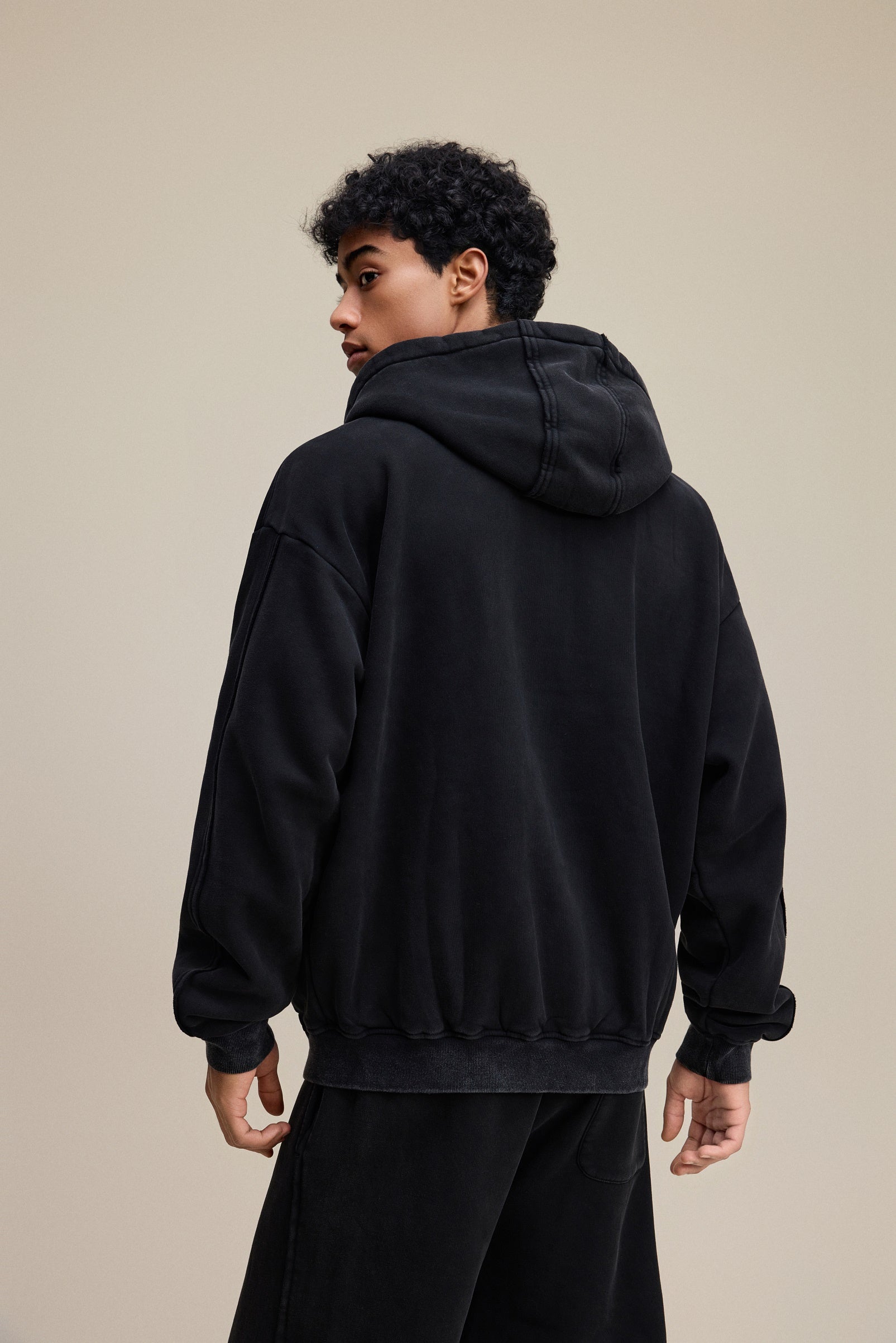 400GSM Men’s Raw-Edge Panelled Double-Zip Pigment-Wash Hoodie Snowflake Grey