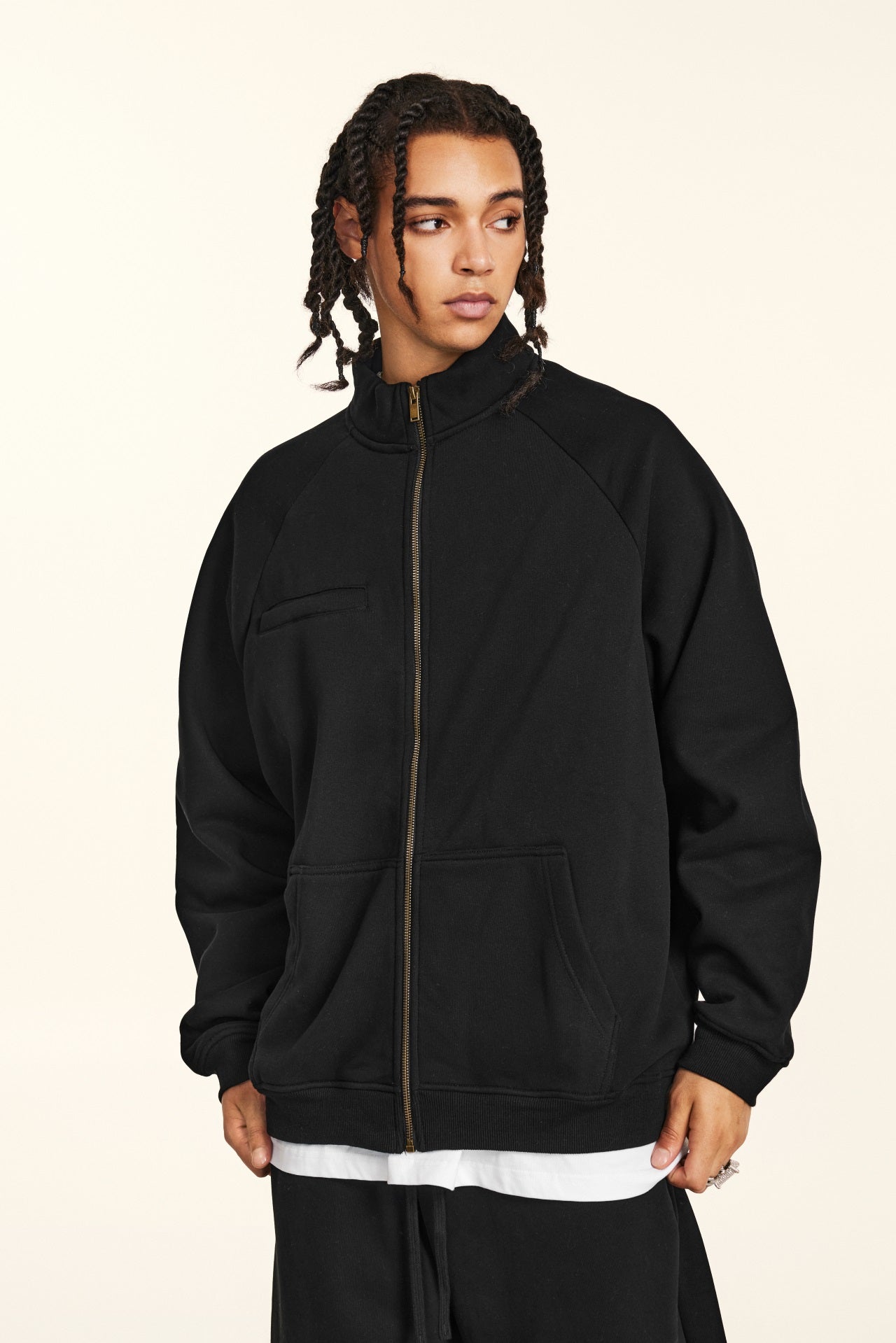 420GSM Unisex Composite-Fleece Stand-Collar Zip-Up Sweatshirt Black
