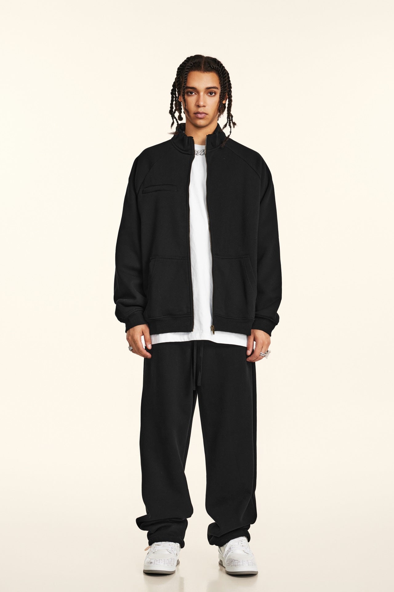 420GSM Unisex Composite-Fleece Stand-Collar Zip-Up Sweatshirt Black