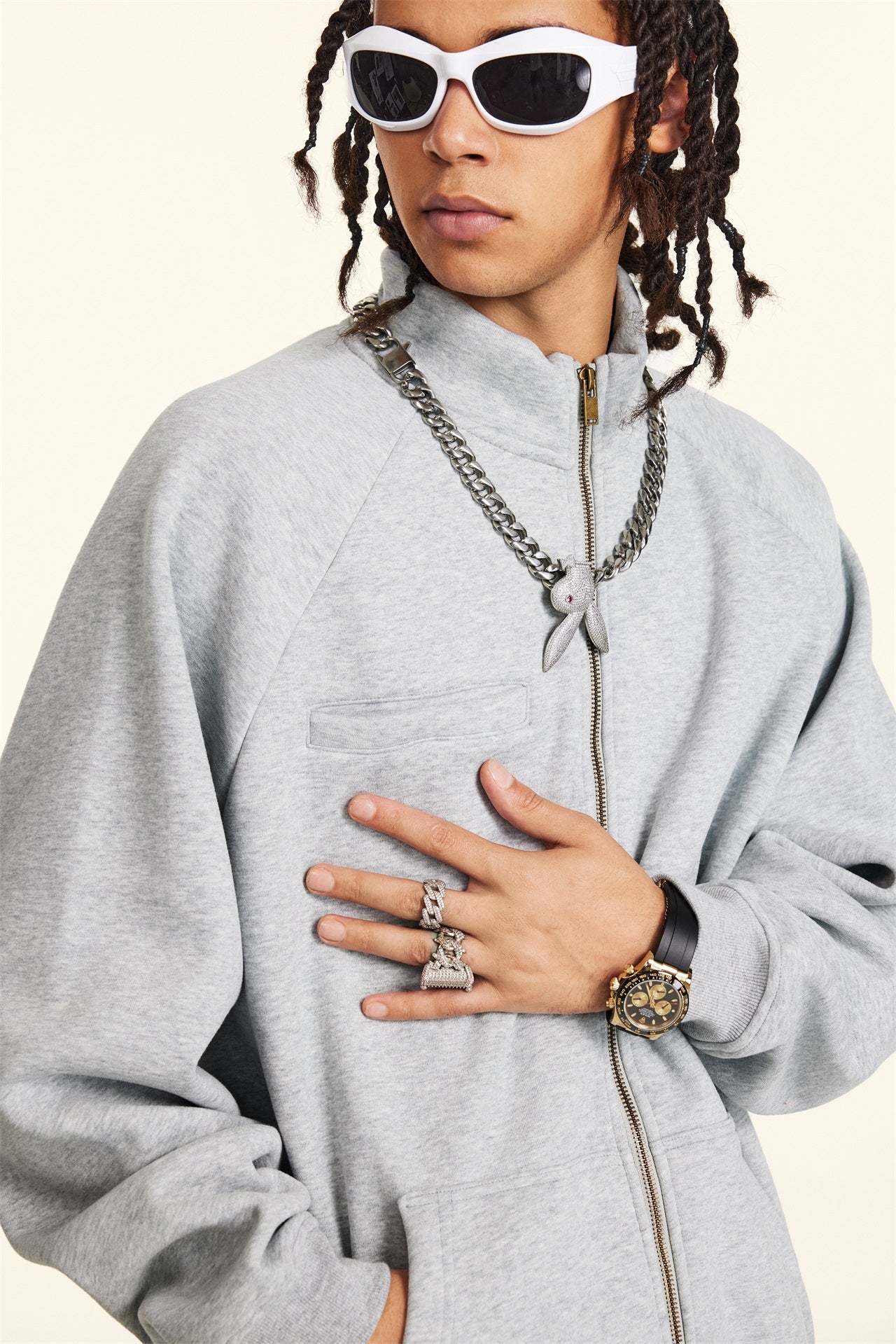 420GSM Unisex Composite-Fleece Stand-Collar Zip-Up Sweatshirt Heathered Grey