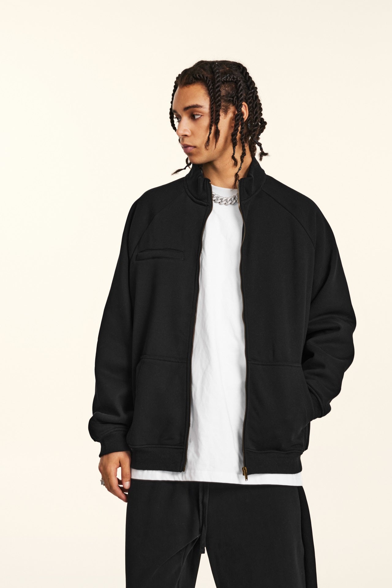 420GSM Unisex Composite-Fleece Stand-Collar Zip-Up Sweatshirt Black