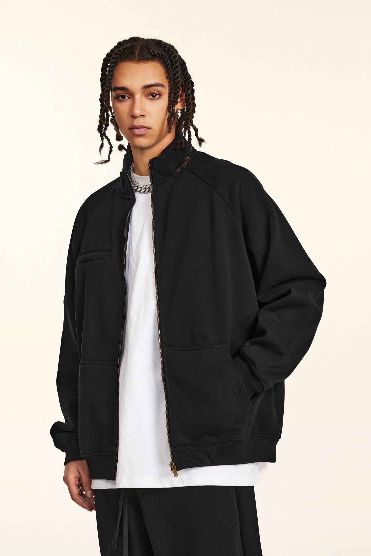 420GSM Unisex Composite-Fleece Stand-Collar Zip-Up Sweatshirt Black