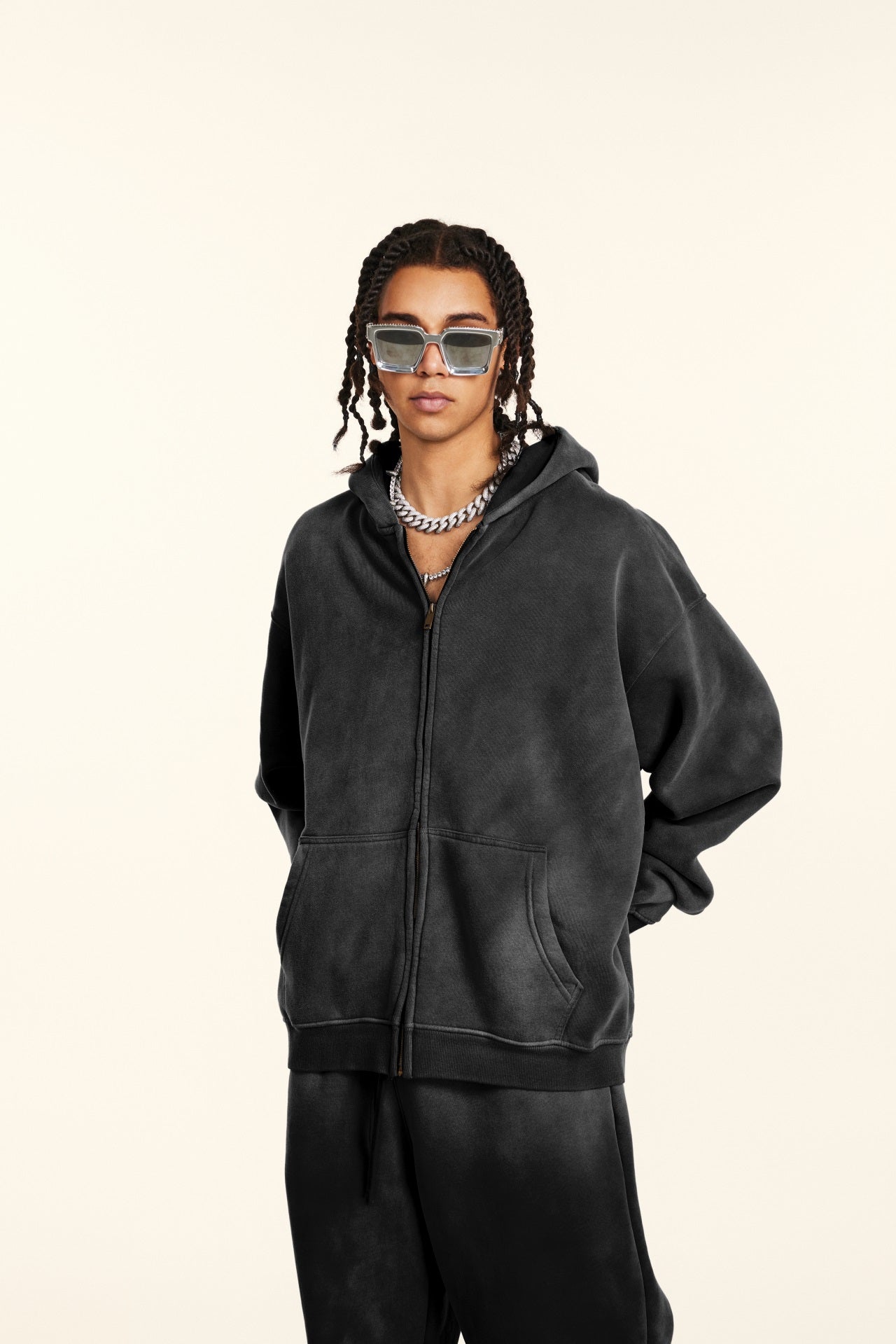 360GSM Unisex Monkey Wash Fall&Winter Fleece-Lined PP-Sprayed Zip-Up Hoodie Black