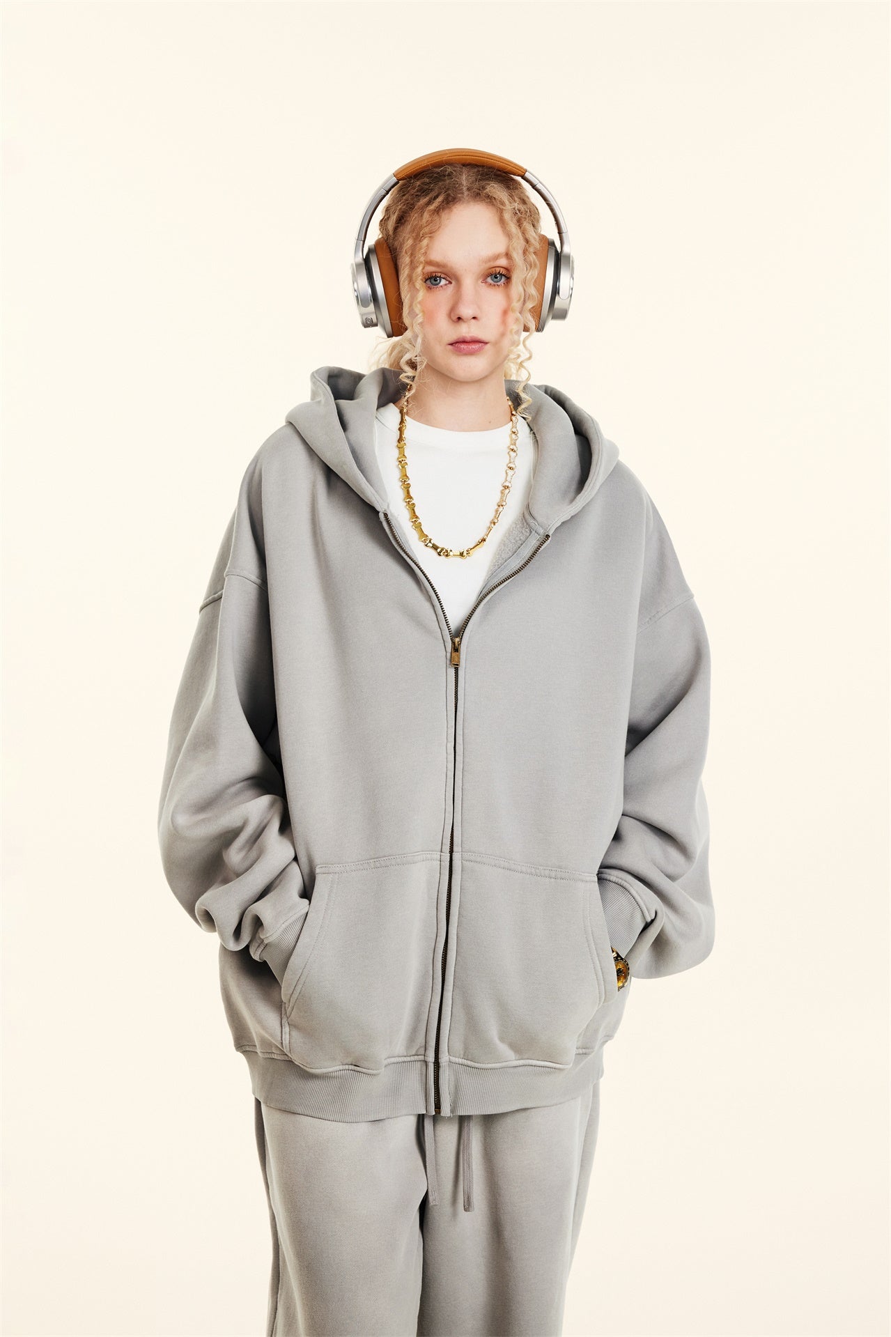 360GSM Unisex Monkey Wash Fall&Winter Fleece-Lined PP-Sprayed Zip-Up Hoodie Light Grey