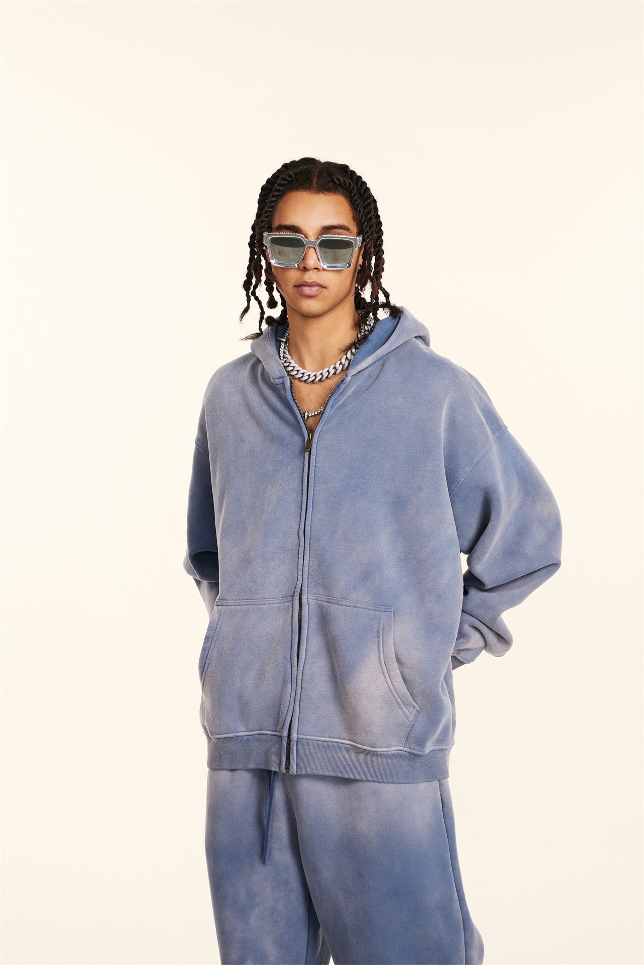 360GSM Unisex Monkey Wash Fall&Winter Fleece-Lined PP-Sprayed Zip-Up Hoodie Blue