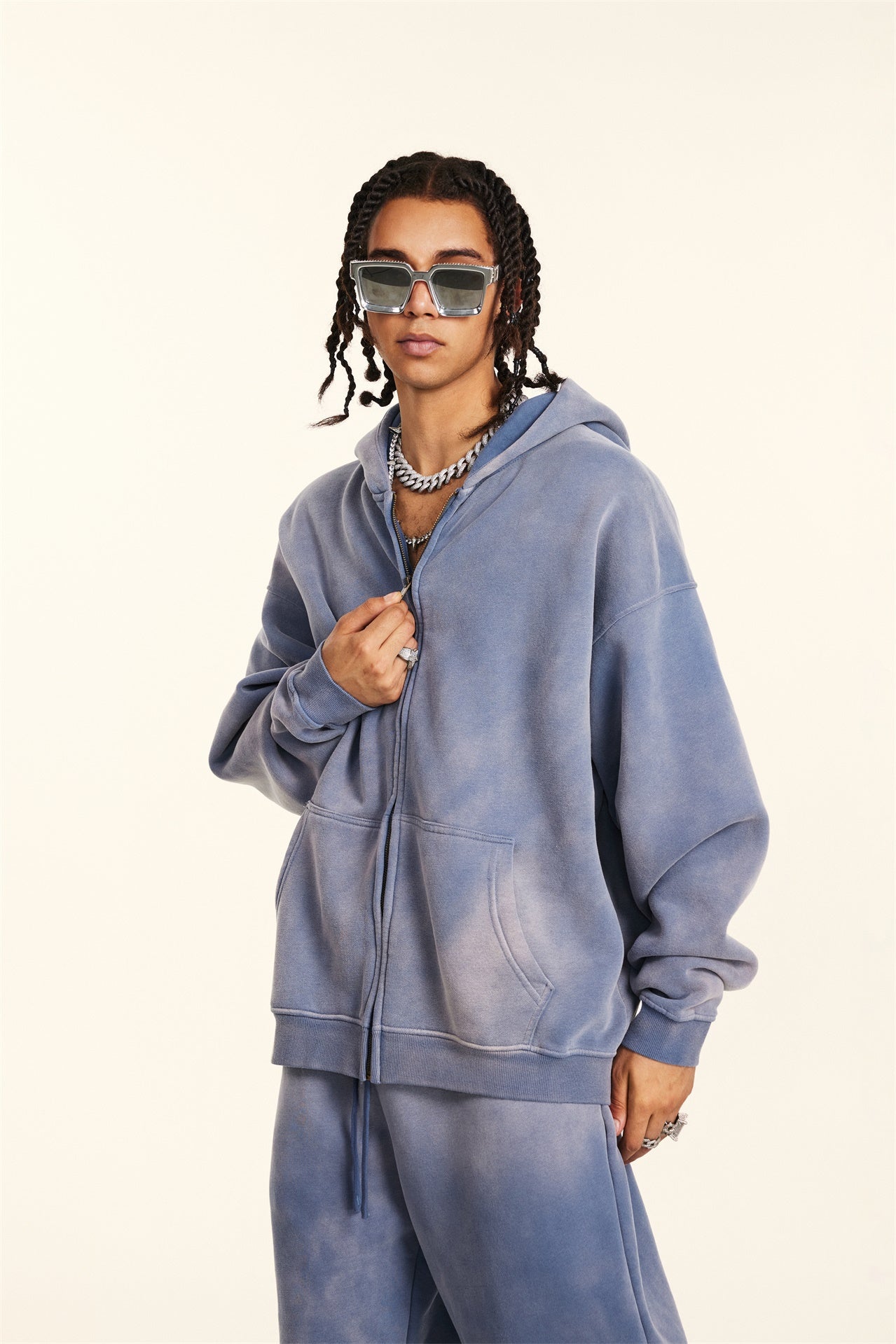 360GSM Unisex Monkey Wash Fall&Winter Fleece-Lined PP-Sprayed Zip-Up Hoodie Blue