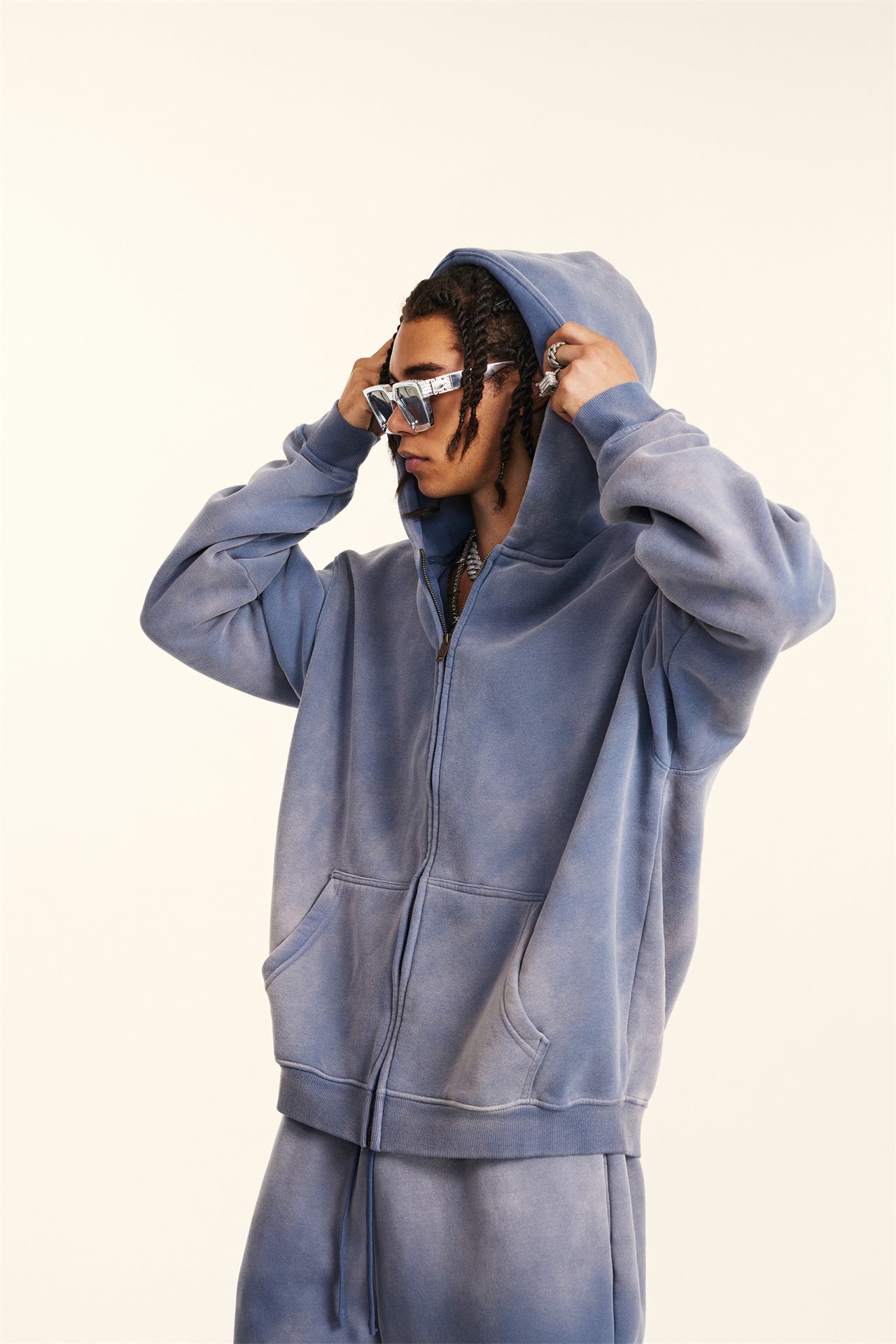 360GSM Unisex Monkey Wash Fall&Winter Fleece-Lined PP-Sprayed Zip-Up Hoodie Blue
