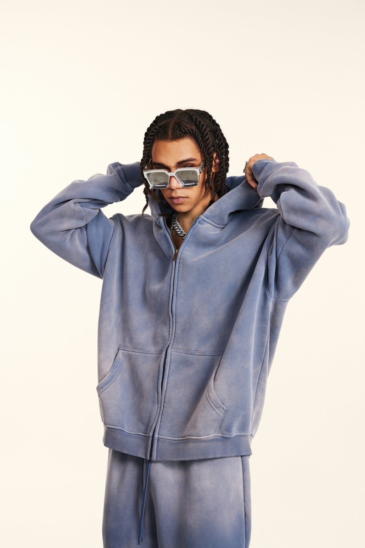 360GSM Unisex Monkey Wash Fall&Winter Fleece-Lined PP-Sprayed Zip-Up Hoodie Blue