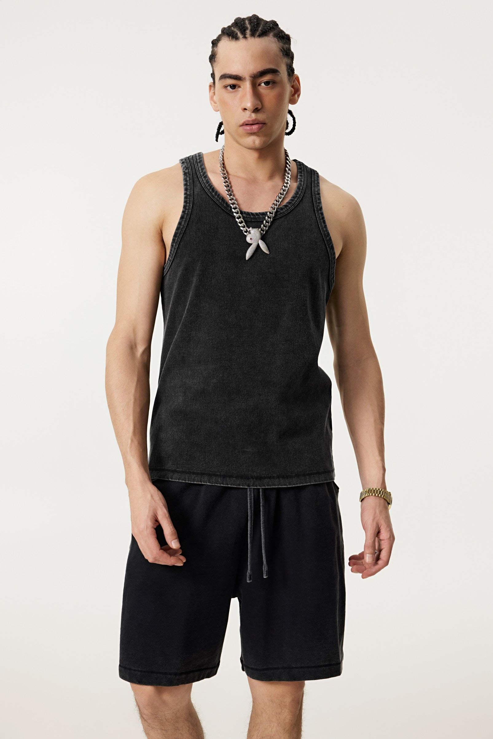 315GSM Men's Vintage-Wash Stretch Ribbed Tank Top Snowflake Grey