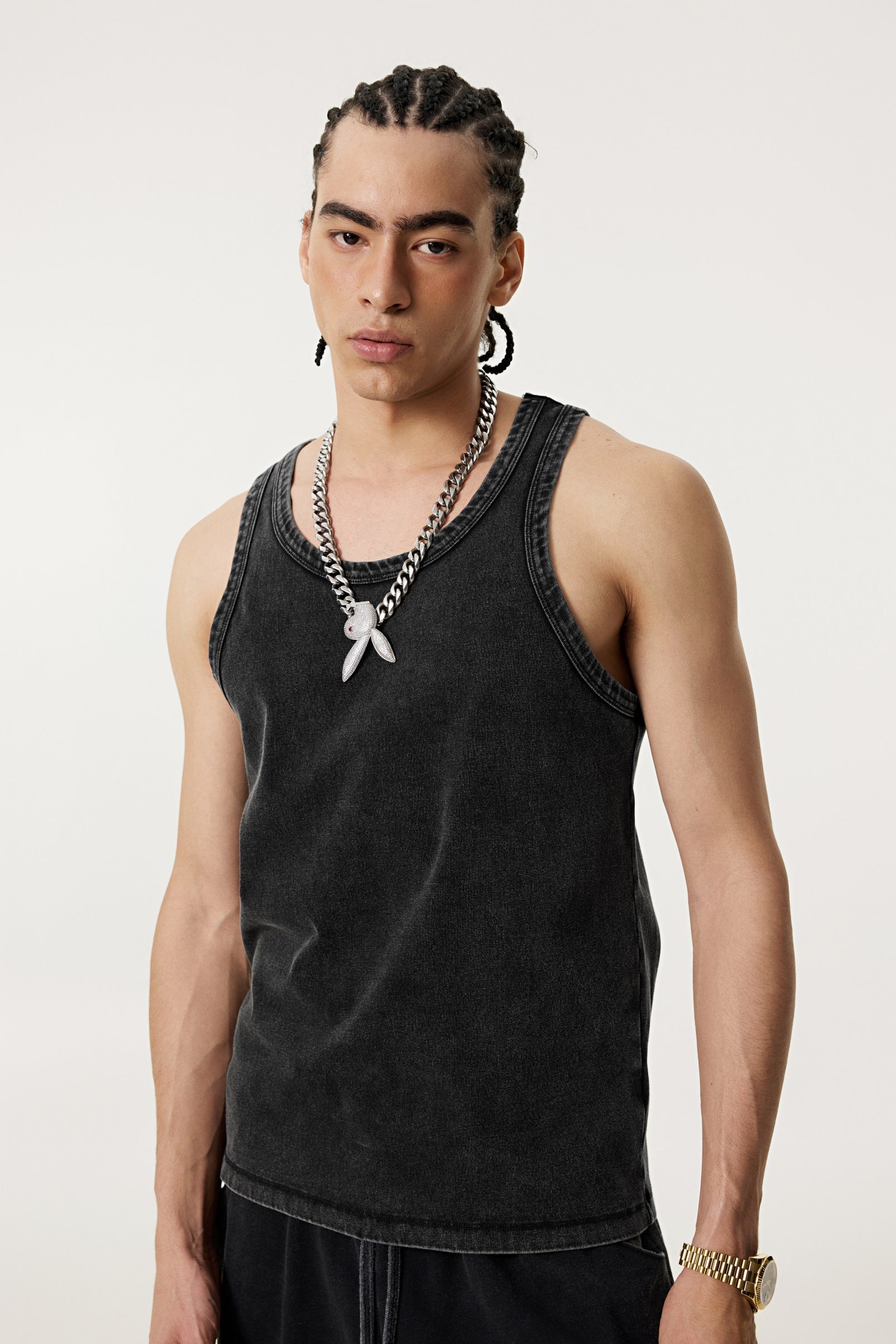315GSM Men's Vintage-Wash Stretch Ribbed Tank Top Snowflake Grey