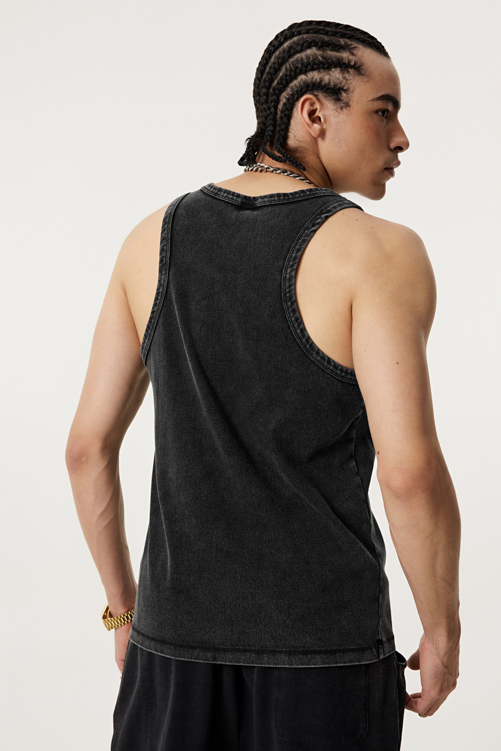 315GSM Men's Vintage-Wash Stretch Ribbed Tank Top Snowflake Grey